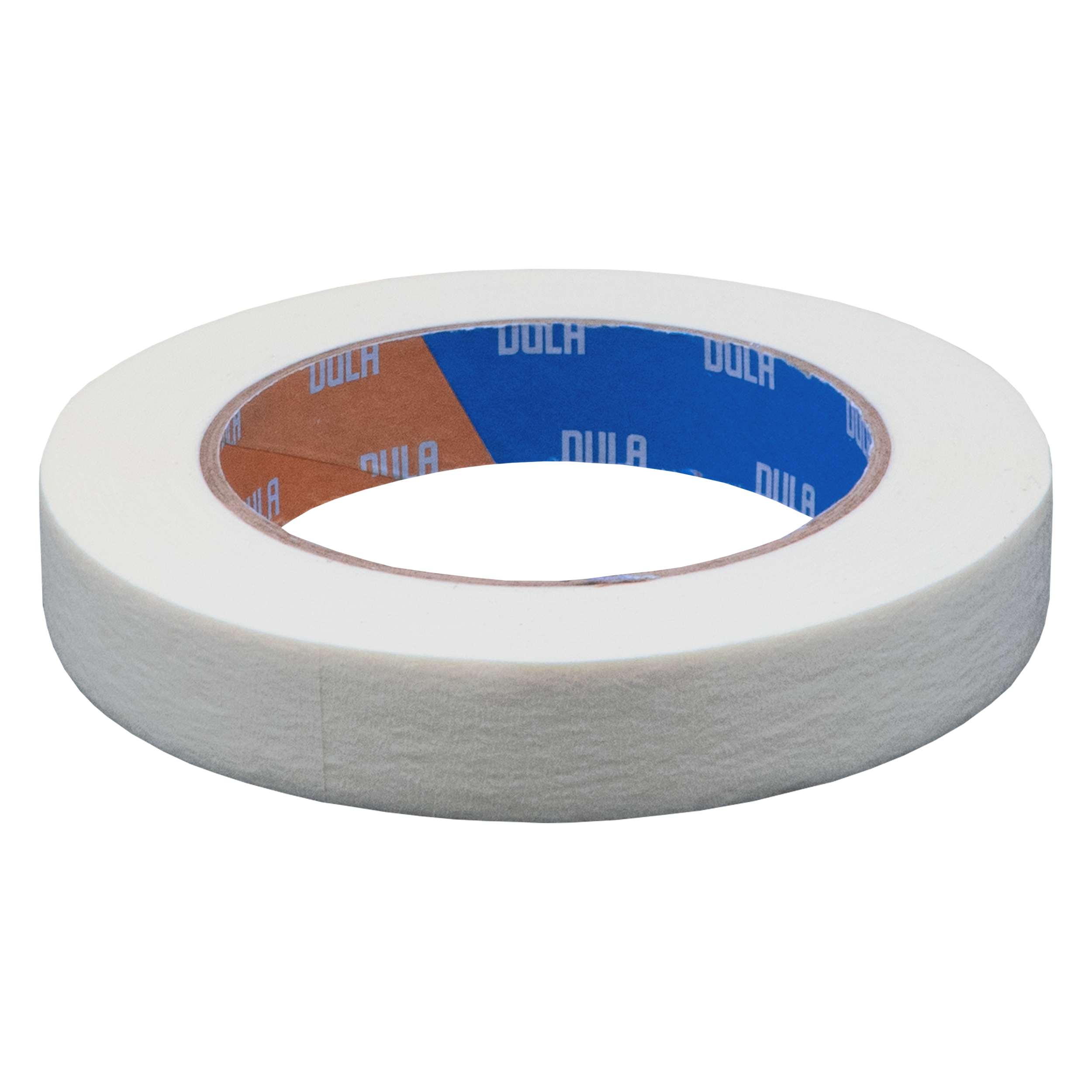 Een rol witte afplaktape. De tape heeft bruine en blauwe binnenlabels. De tekst 'DULA' is zichtbaar.