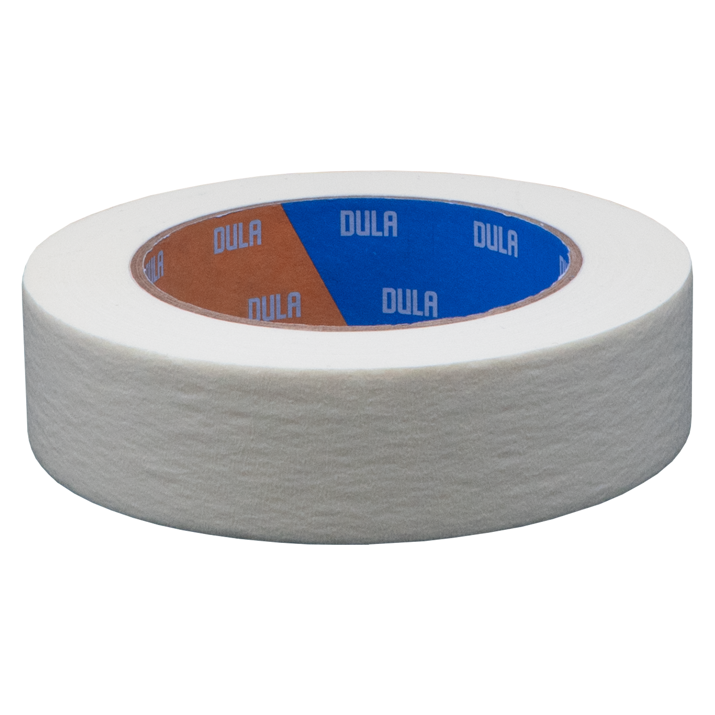 Een rol witte afplaktape. De binnenste cirkel heeft blauwe en bruine secties met de merknaam 'DULA'.