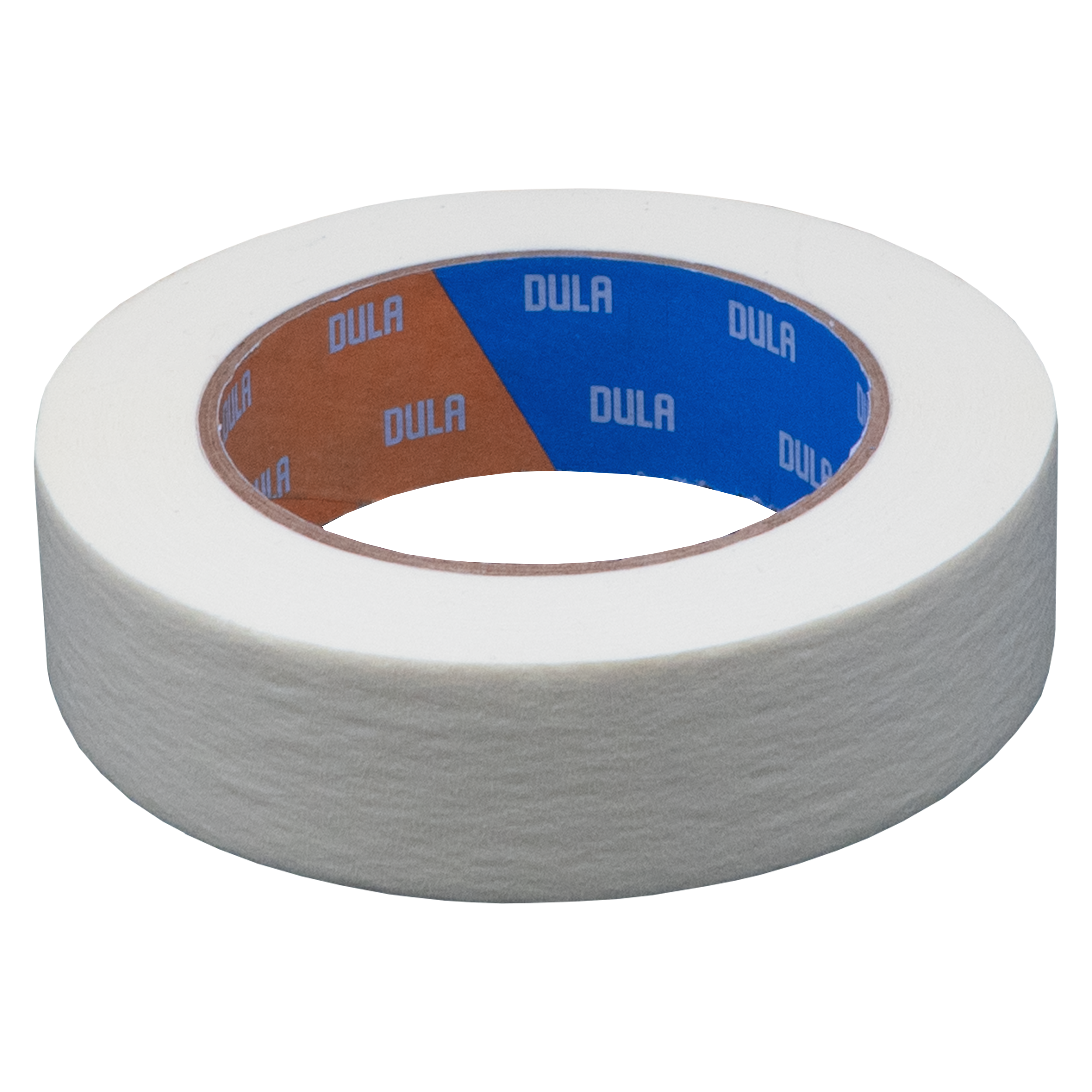 Een rol witte schilderstape. De binnenrol is blauw en bruin met het woord DULA.