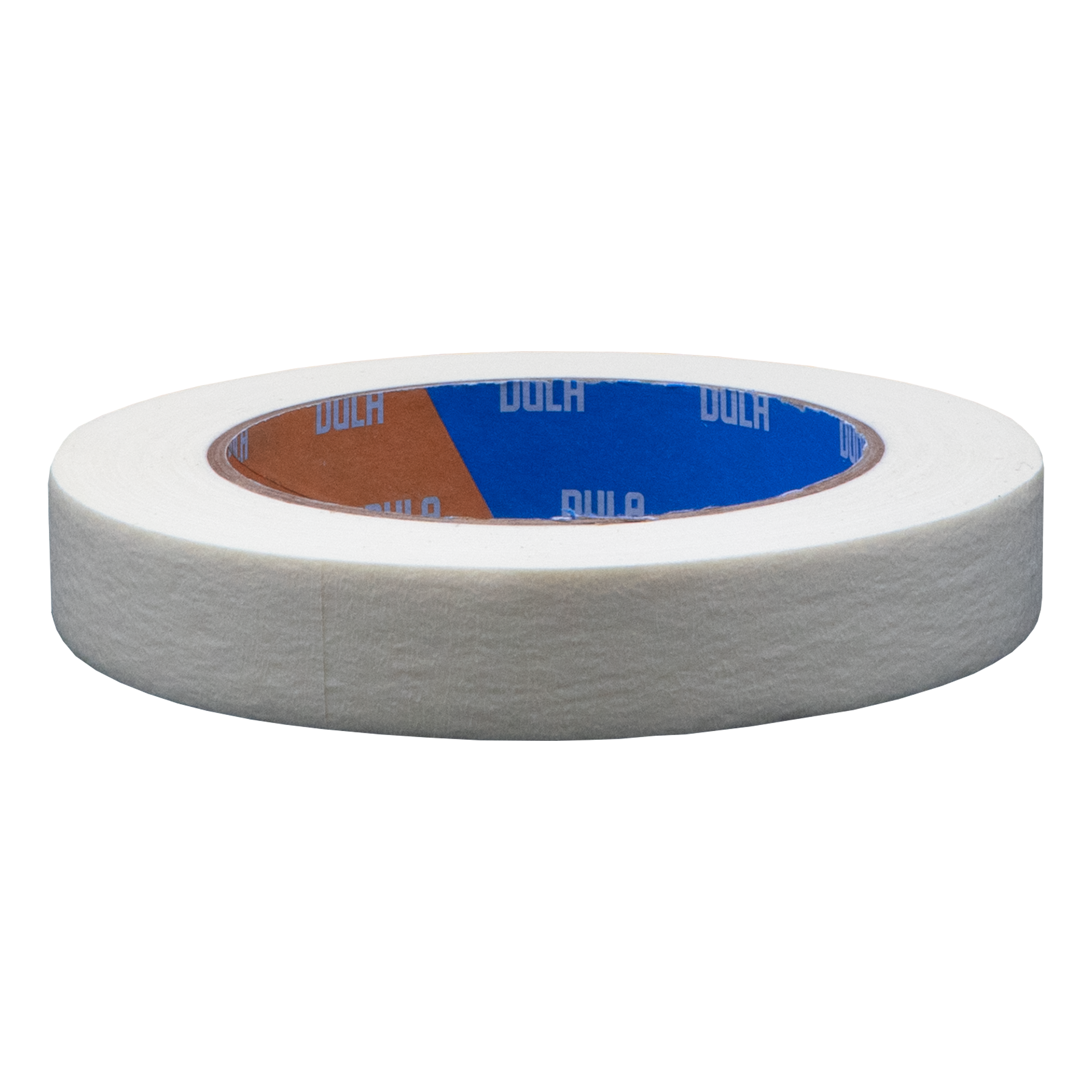 Een rol witte afplaktape. De tape heeft een bruine en blauwe binnenkern met de merknaam.