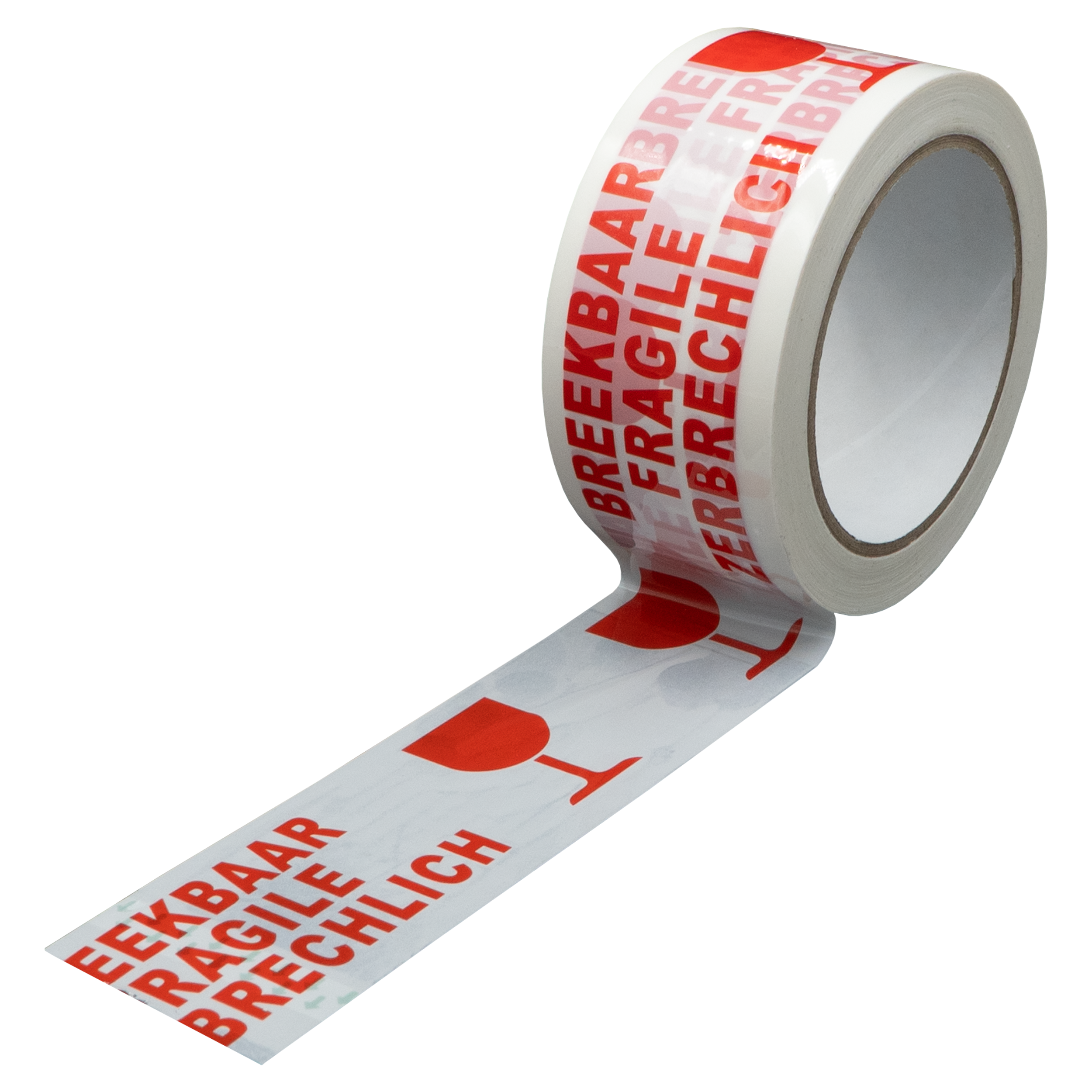 Witte rol tape met rode tekst en breekbare glassymbolen. Labels zeggen 'Fragile'.