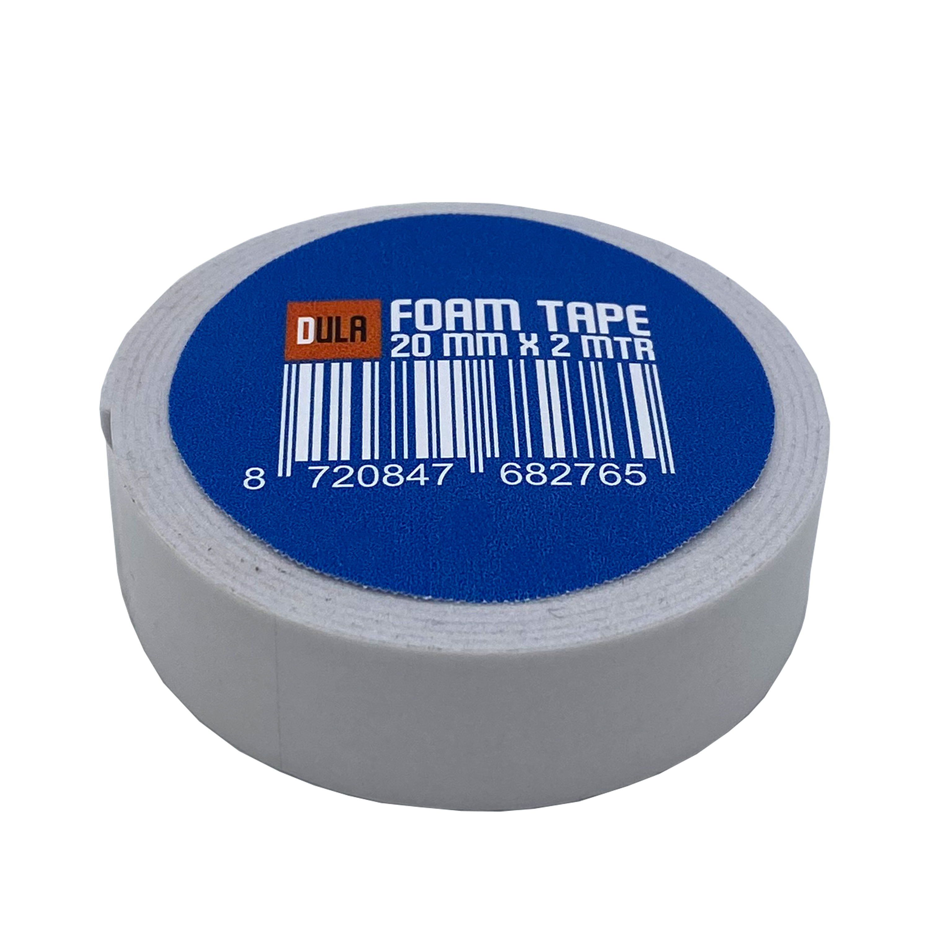 Een rol foamtape met een blauw label, witte tekst en een barcode. De tape is grijs.