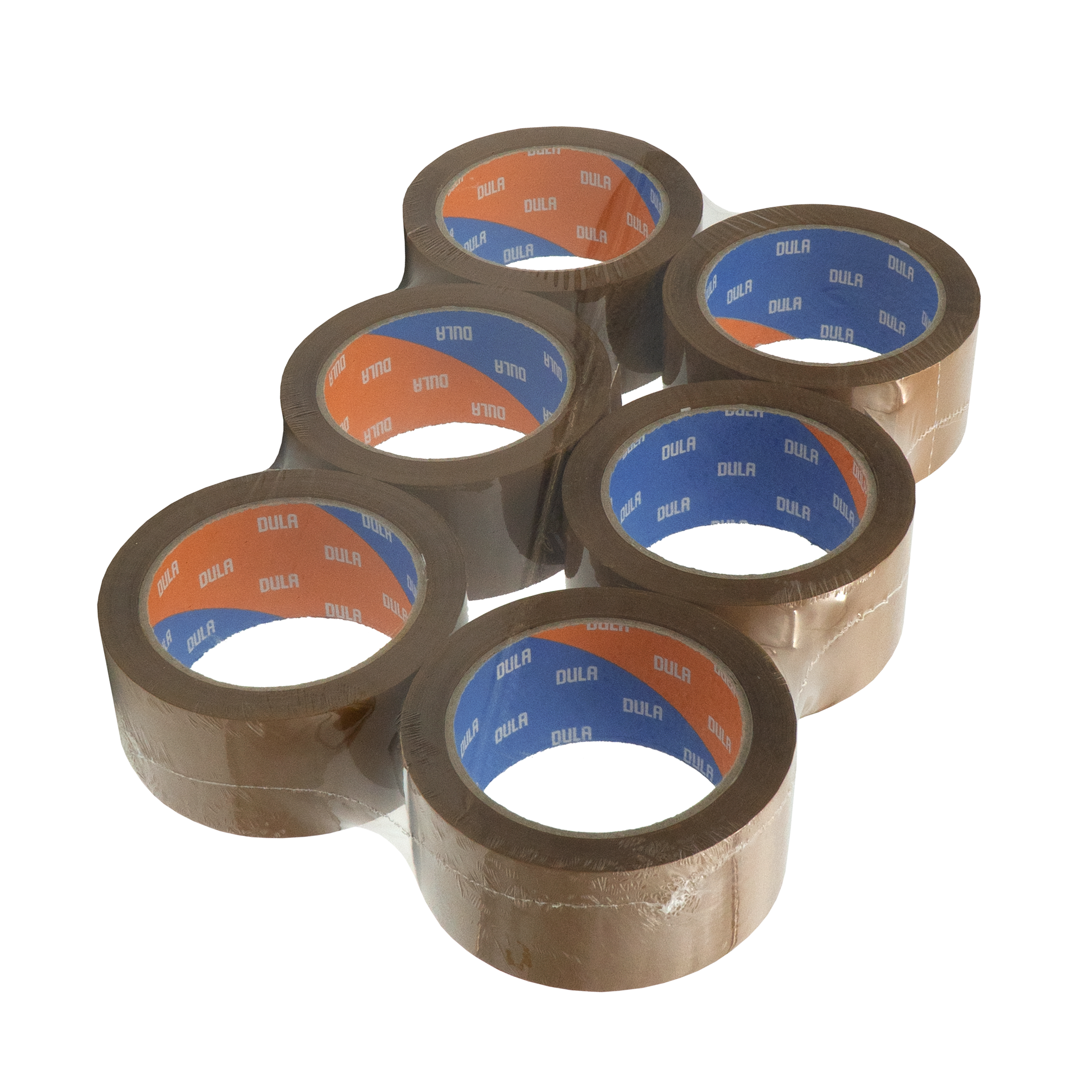 Zes bruine verpakkingstape rollen, samen verpakt. Elke rol heeft blauwe en oranje labels met 'DULA'.