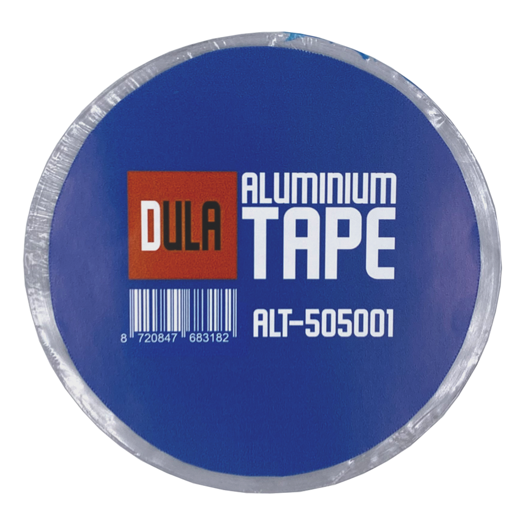 Een rol aluminium tape. Het blauwe etiket toont het 'DULA' logo, de tekst 'ALUMINIUM TAPE', barcode en productcode 'ALT-505001'.