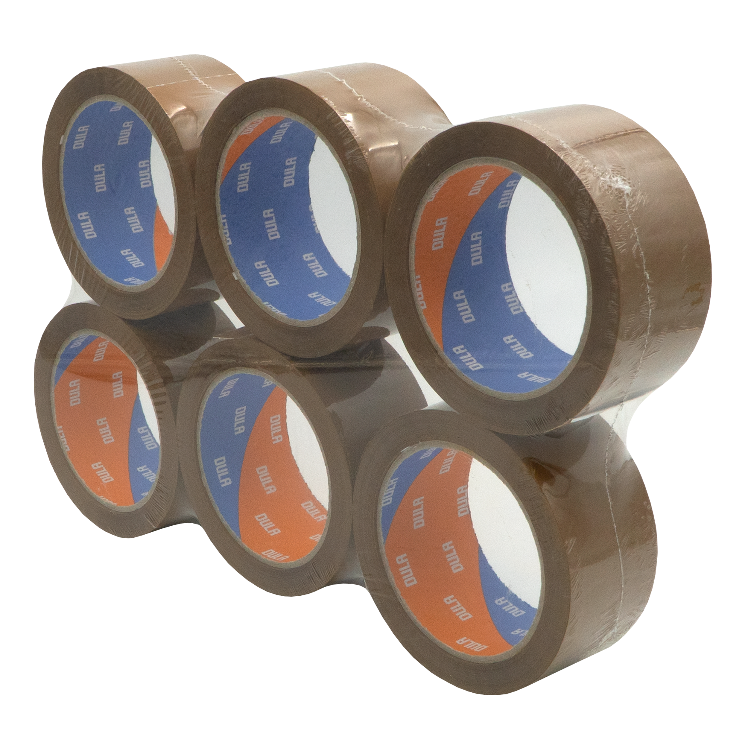 Zes bruine verpakkingstape rollen verpakt in doorzichtig plastic. Elke rol heeft een blauw en oranje label.