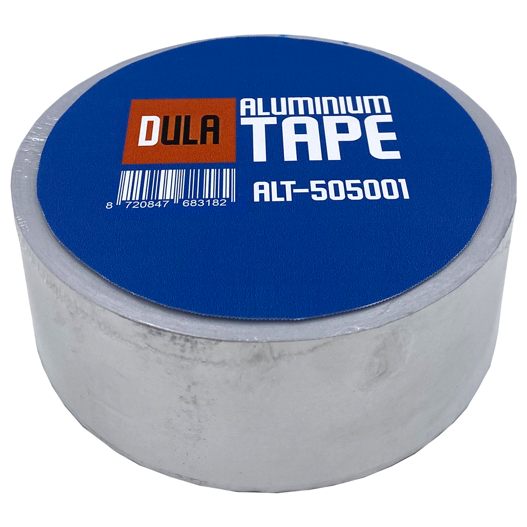 Aluminium tape rol. Blauw label met witte tekst 'ALUMINIUM TAPE' en 'DULA' logo. Zilveren tape rol.