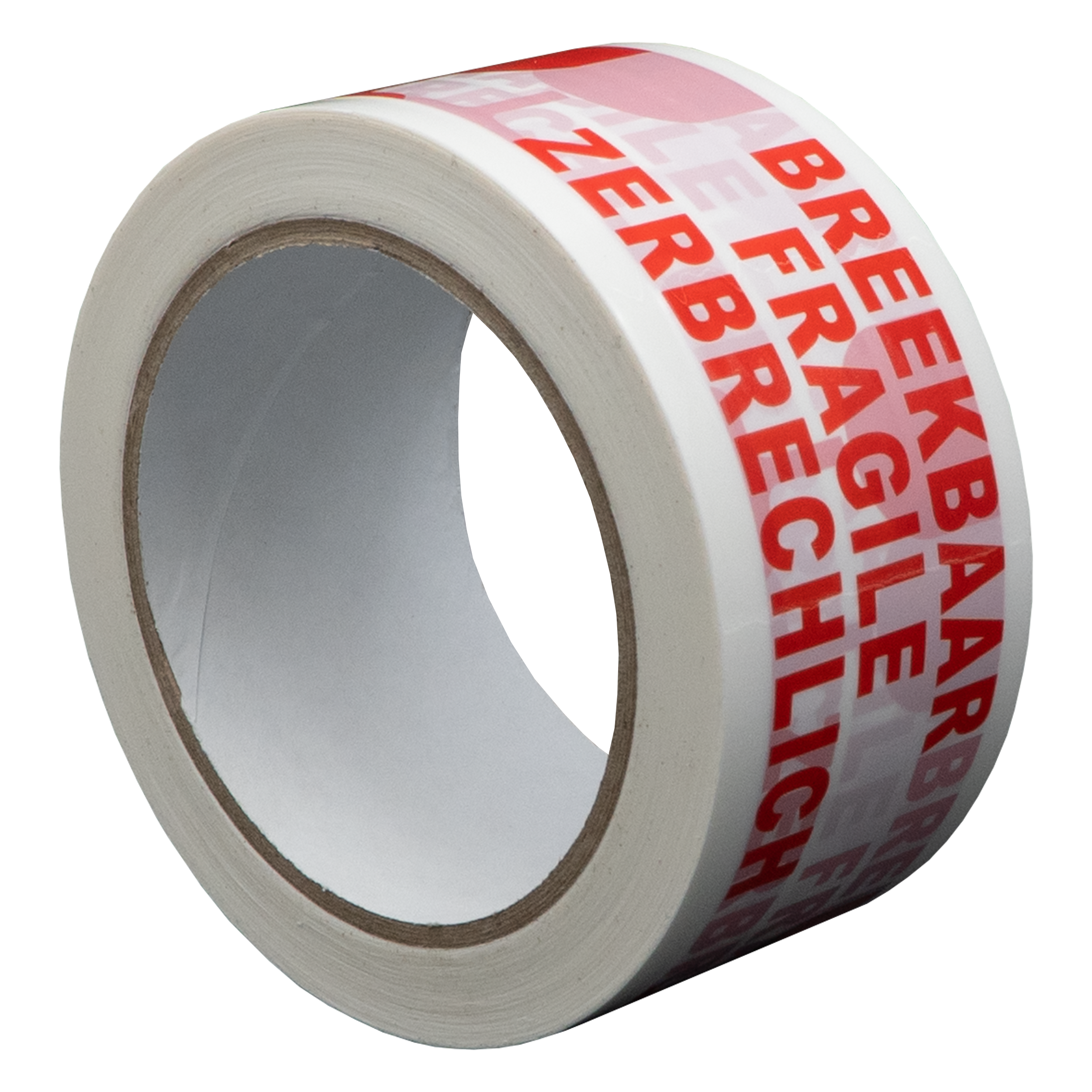 Een rol witte tape met rode tekst 'FRAGILE' en 'BREKBAAR'. De tape ligt op een witte ondergrond.