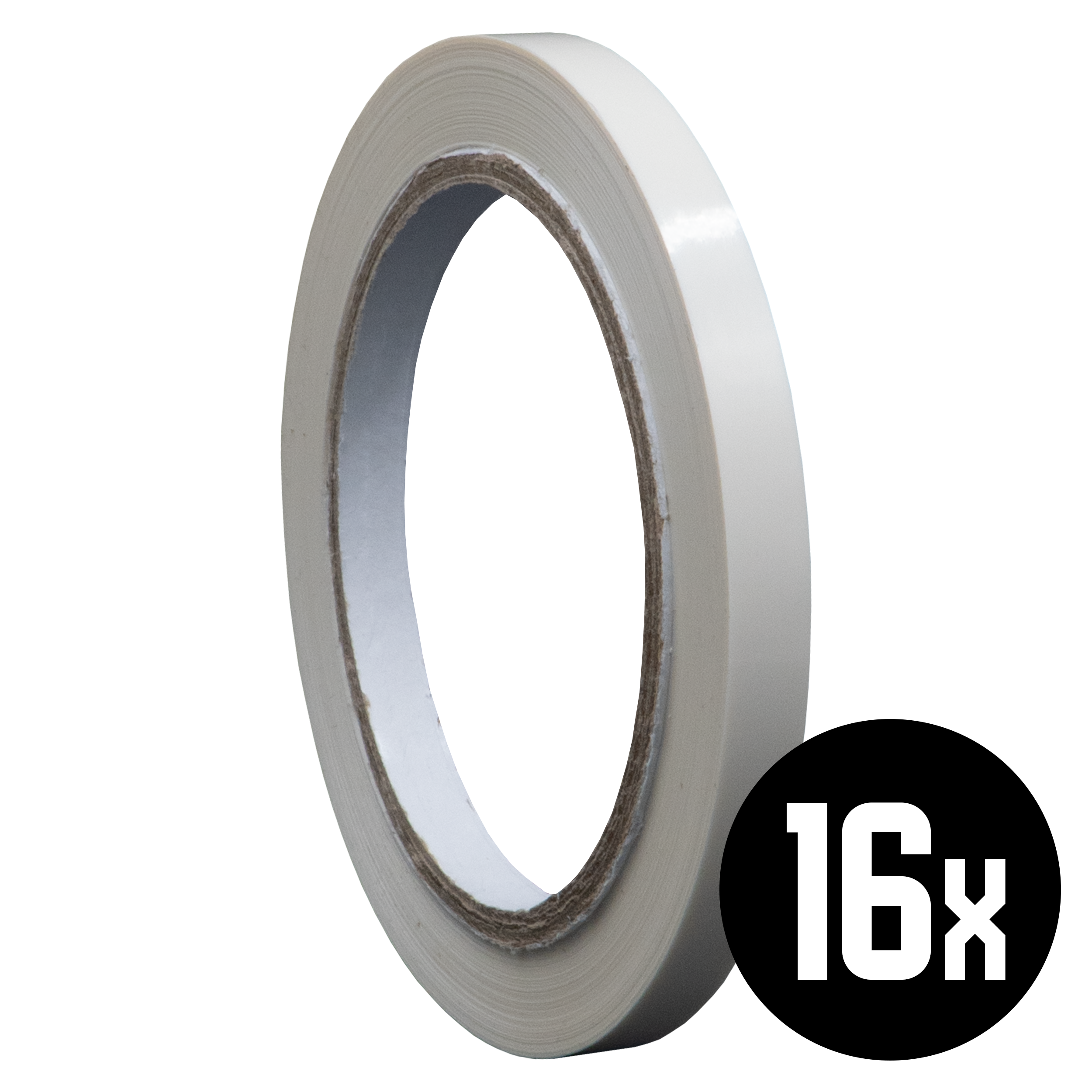 Een rol wit dubbelzijdig tape. Een zwarte cirkel met het nummer 16x staat rechtsonder.