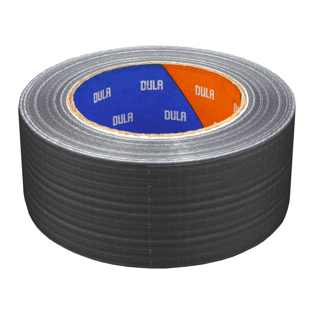Een rol grijze ducttape. De binnenste cirkel heeft blauwe en oranje secties met het woord "DULA" erop gedrukt.