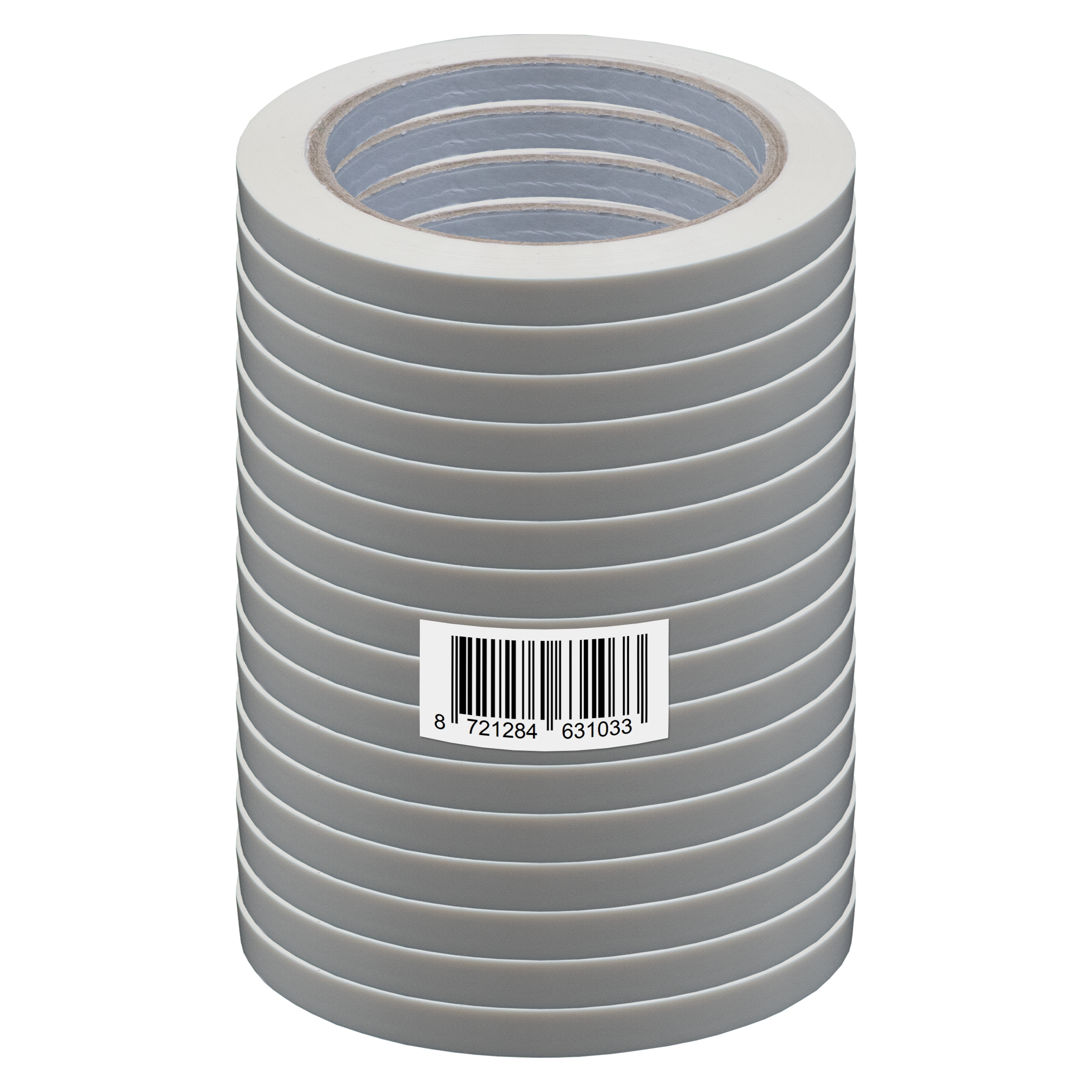 Stapel grijze afplaktape-rollen met barcode aan de zijkant, tegen een witte achtergrond.