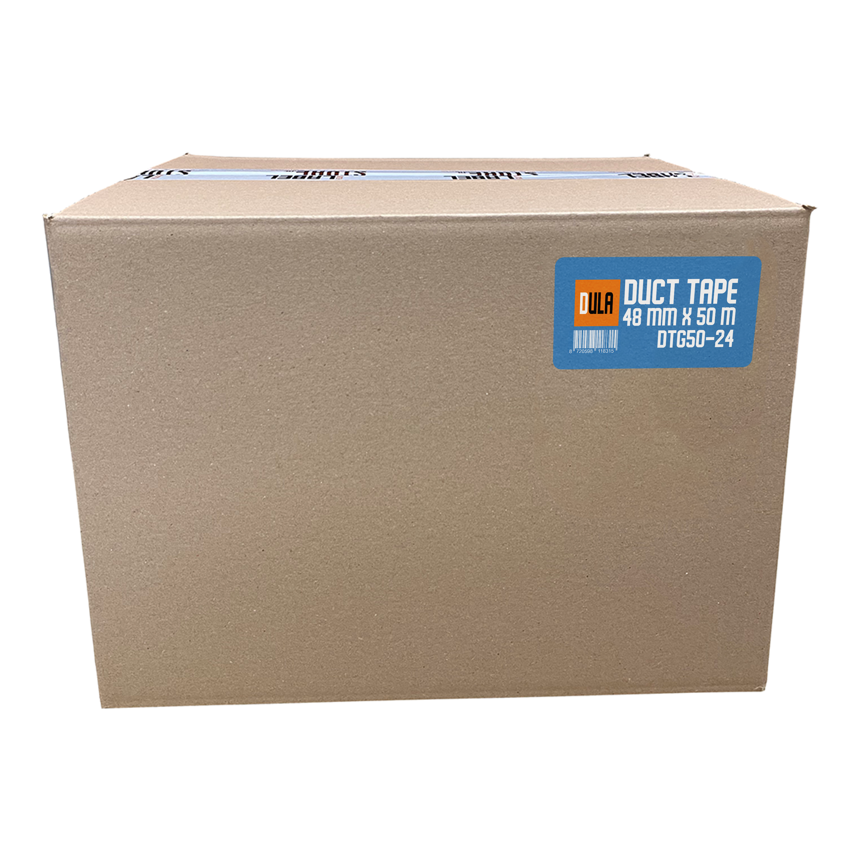 Een kartonnen doos met een blauw etiket met de tekst "DUCT TAPE". De doos is verzegeld met tape.