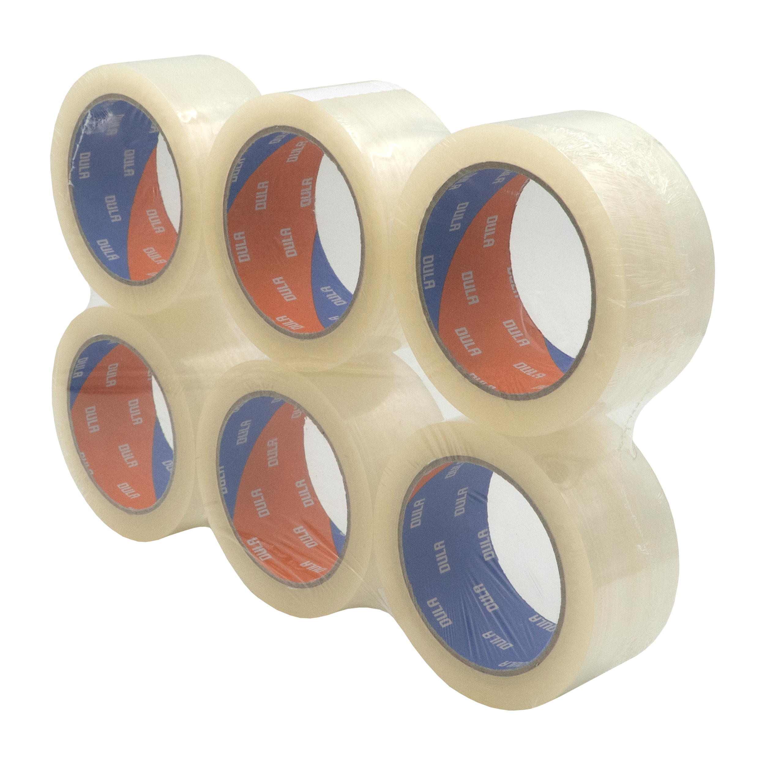 Zes rollen transparante tape zijn samen verpakt, met het merk DULA op de kernen.