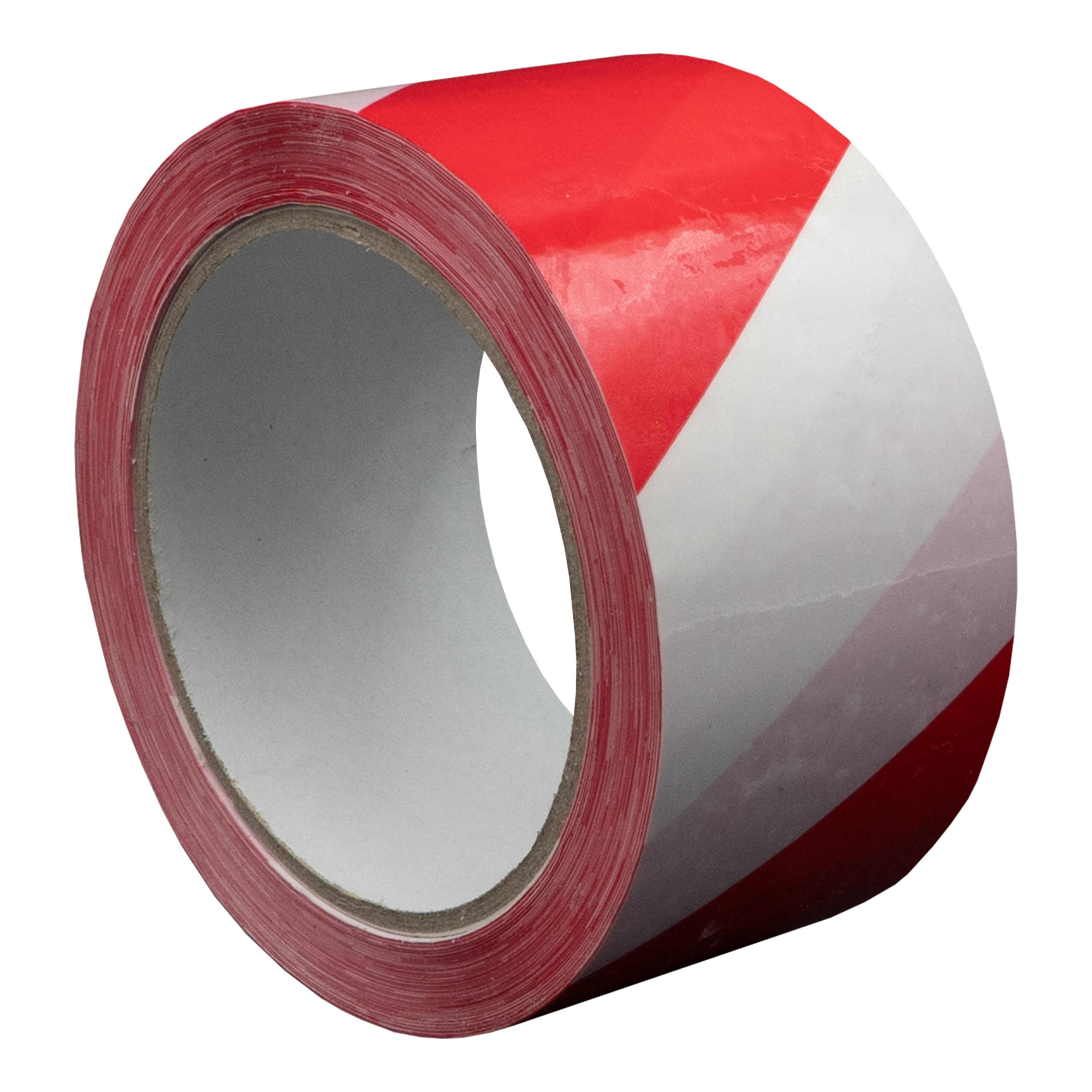 Een rol rood-wit gestreepte tape, met een grijze binnenrol, tegen een witte achtergrond.