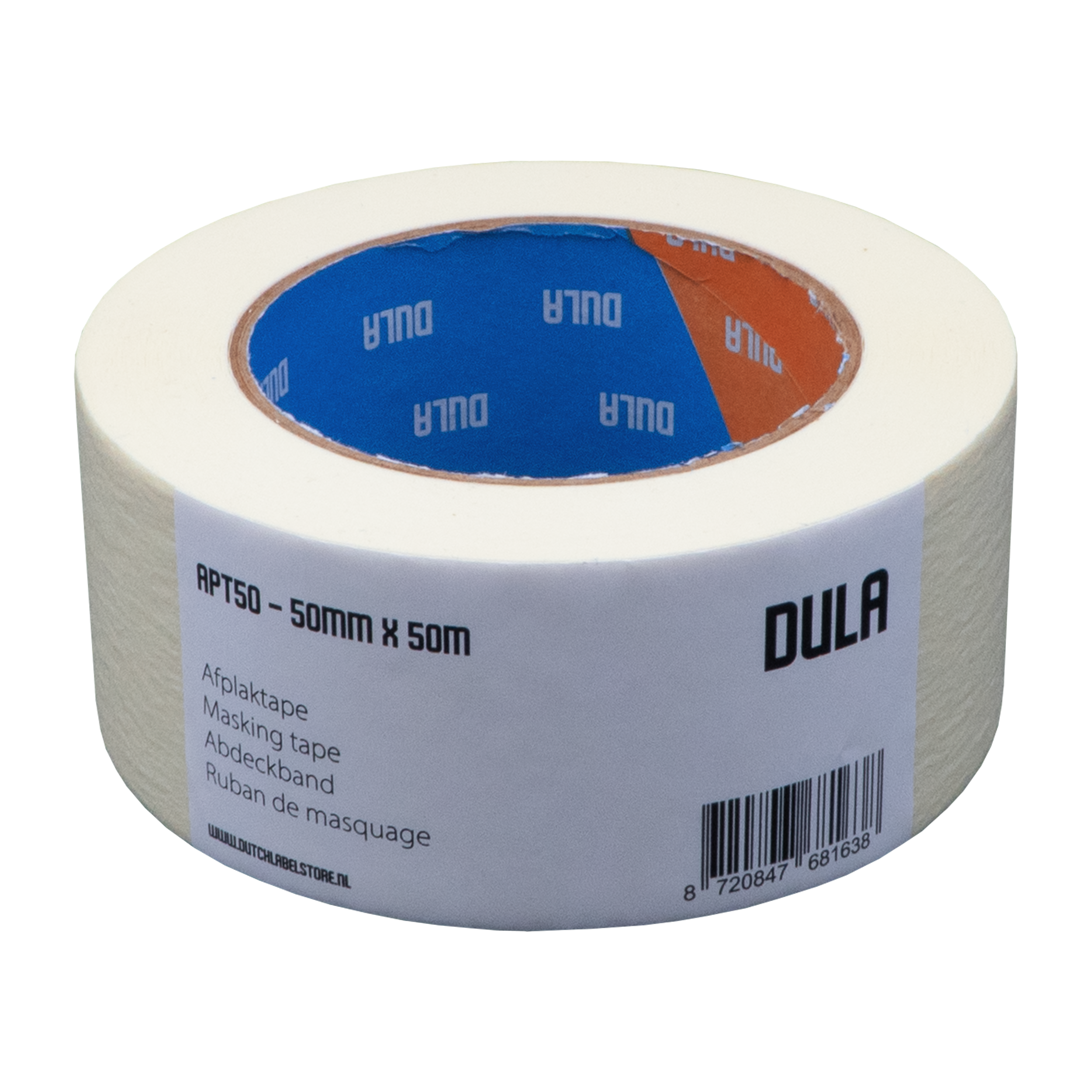 Een rol witte afplaktape met blauw en oranje midden. Merk is DULA. Etiket zegt APT50.