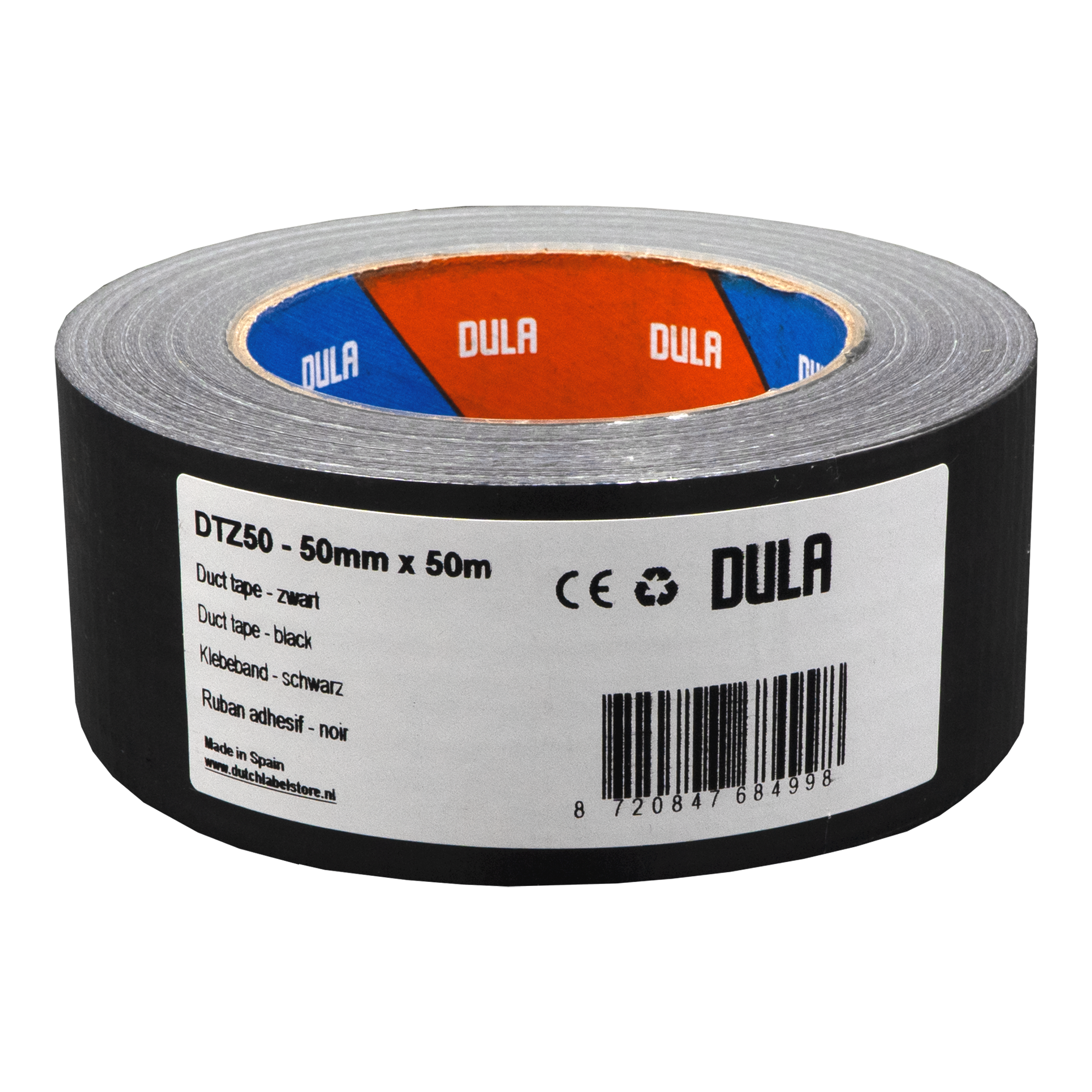 Zwarte duct tape rol met wit label. Tekst: DTZ50 - 50mm x 50m, merk DULA. Blauw en oranje centrum.