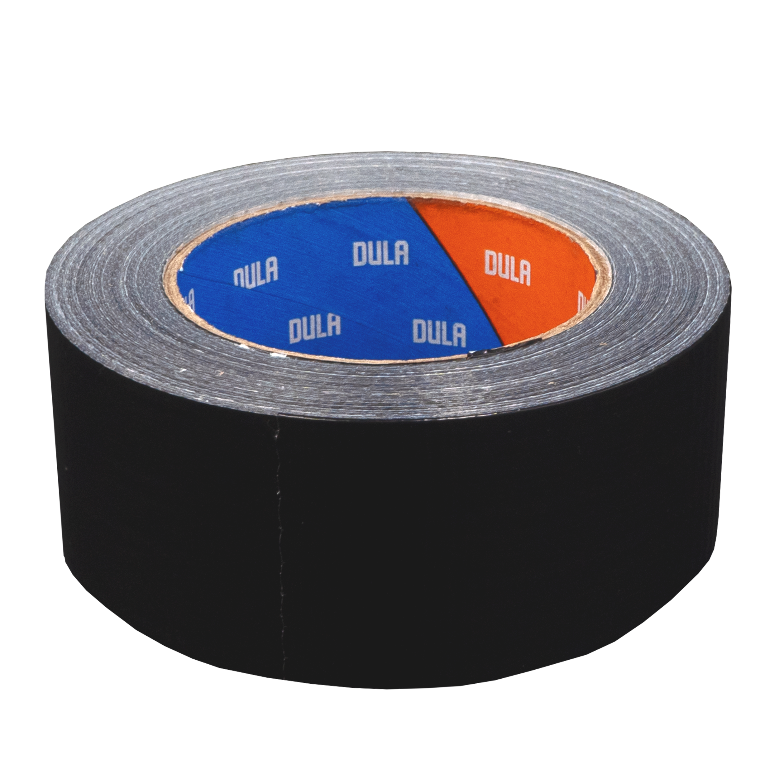 Een rol zwarte ducttape gecentreerd op een witte achtergrond. De tape heeft een blauw en oranje middenlabel.