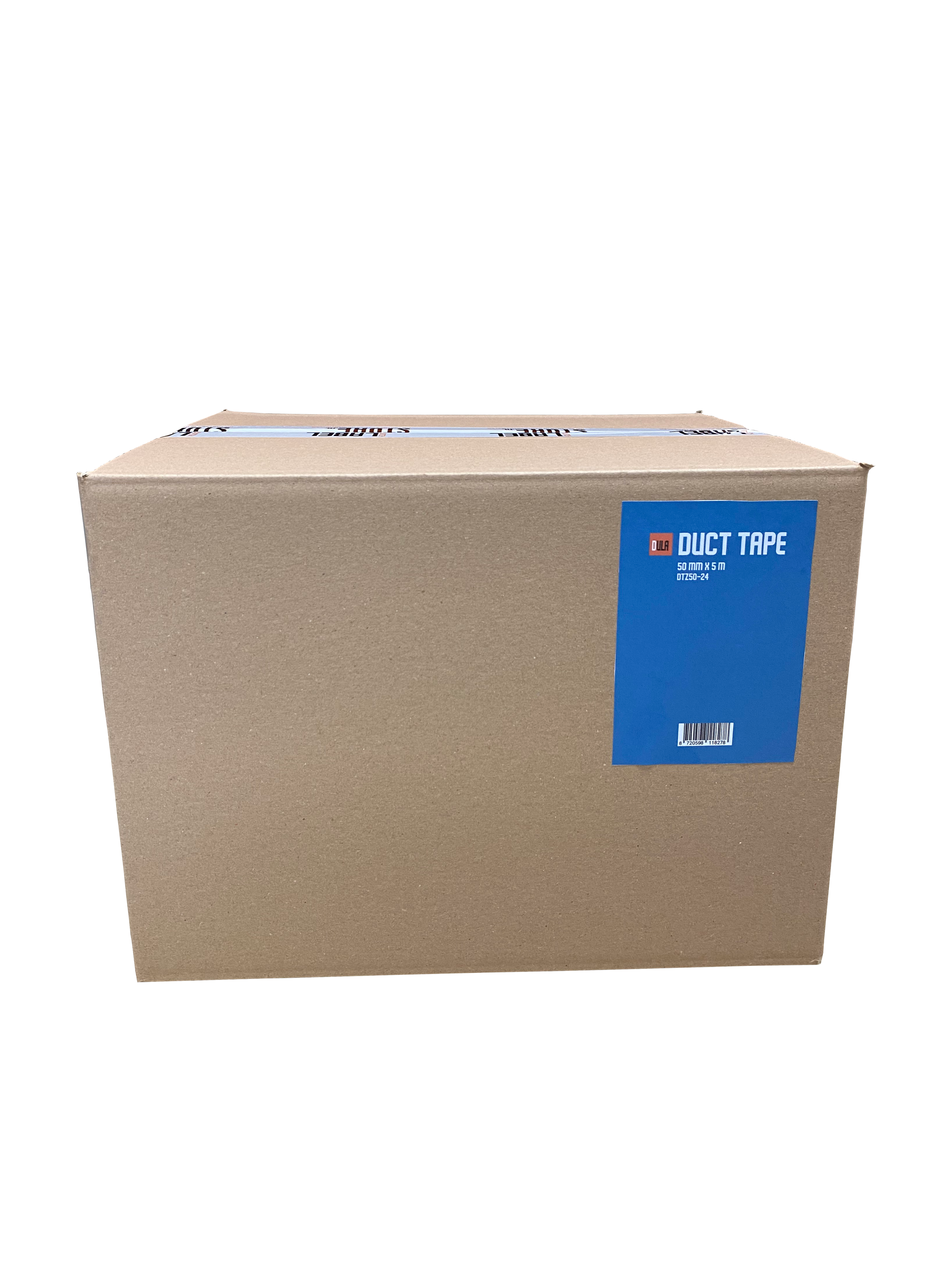 Een kartonnen doos met ducttape. Blauw label met tekst en barcode. Doos op een witte achtergrond.