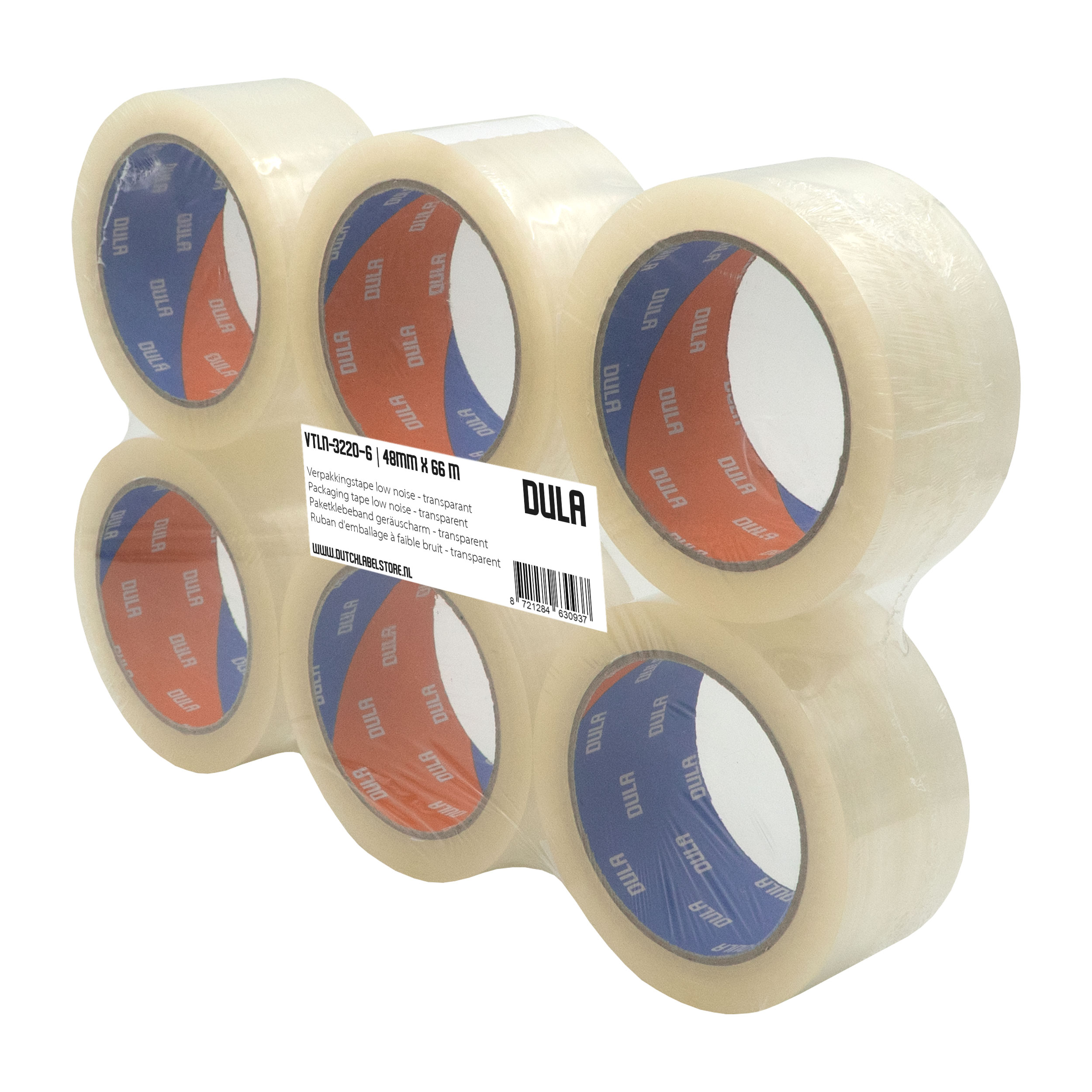 Zes transparante verpakkingstape rollen verpakt samen. Elke rol heeft een rood en blauw binnenlabel.
