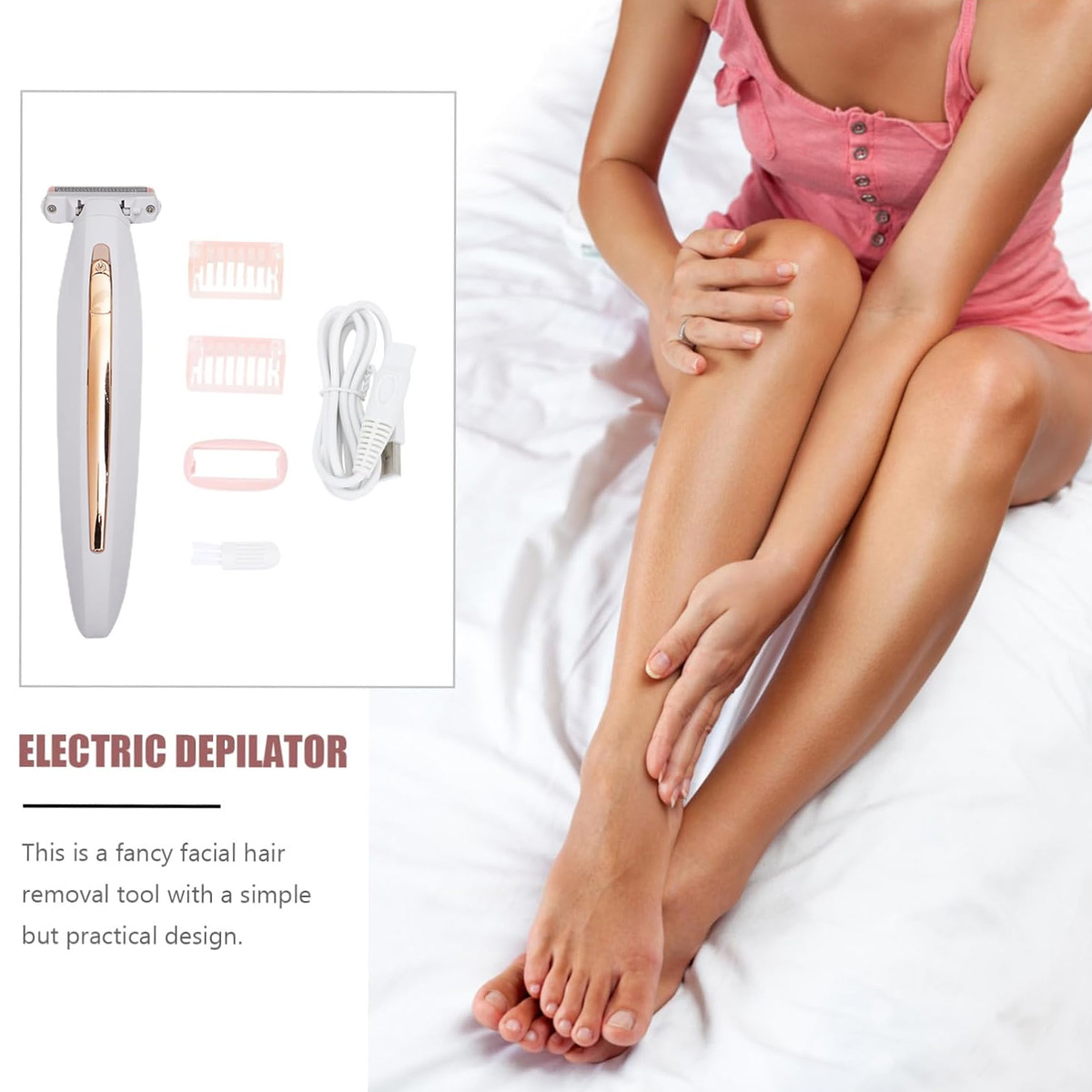 Eine Frau sitzt auf einem Bett und hält ihr Bein. Links befinden sich ein elektrischer Epilierer und Zubehör. Die Frau trägt ein rosa Oberteil.