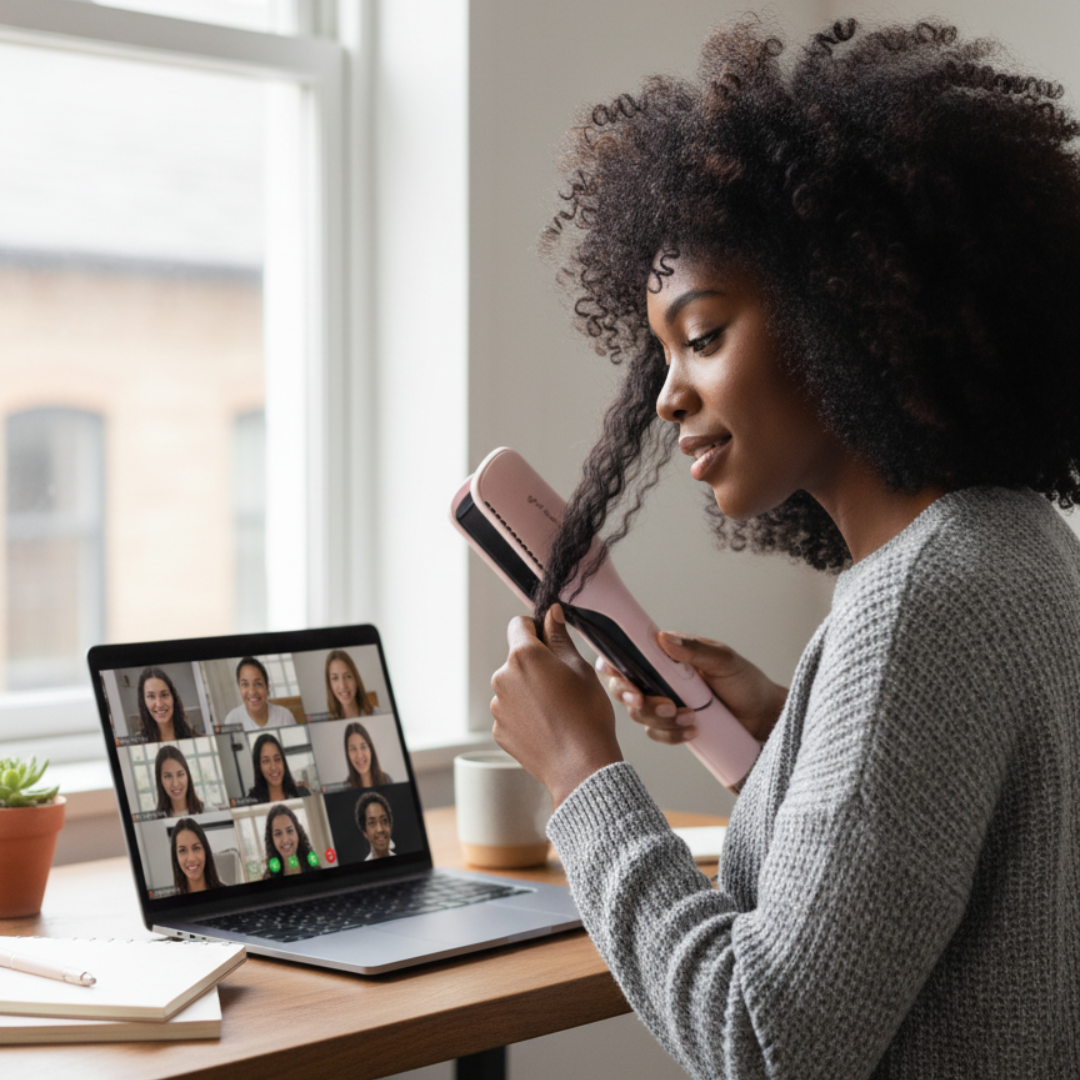 Eine Frau benutzt einen Haarglätter während eines Videoanrufs. Der Laptop-Bildschirm zeigt eine Gruppenvideokonferenz.