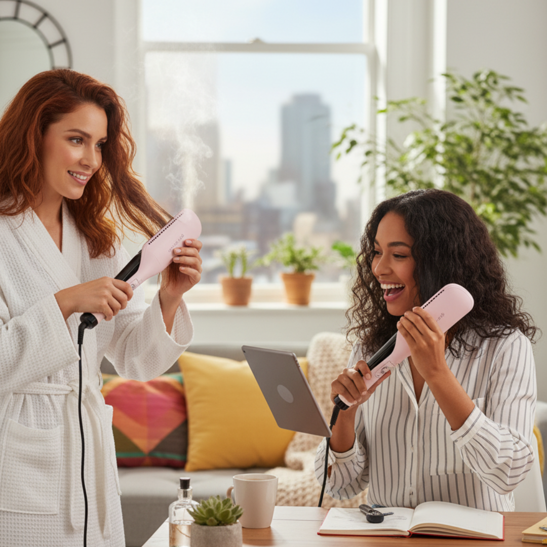 Zwei Frauen benutzen rosa Haarglätter, eine im Bademantel, die andere im gestreiften Pyjama, lachen. Dampf sichtbar. Tablet und Fenster im Hintergrund.