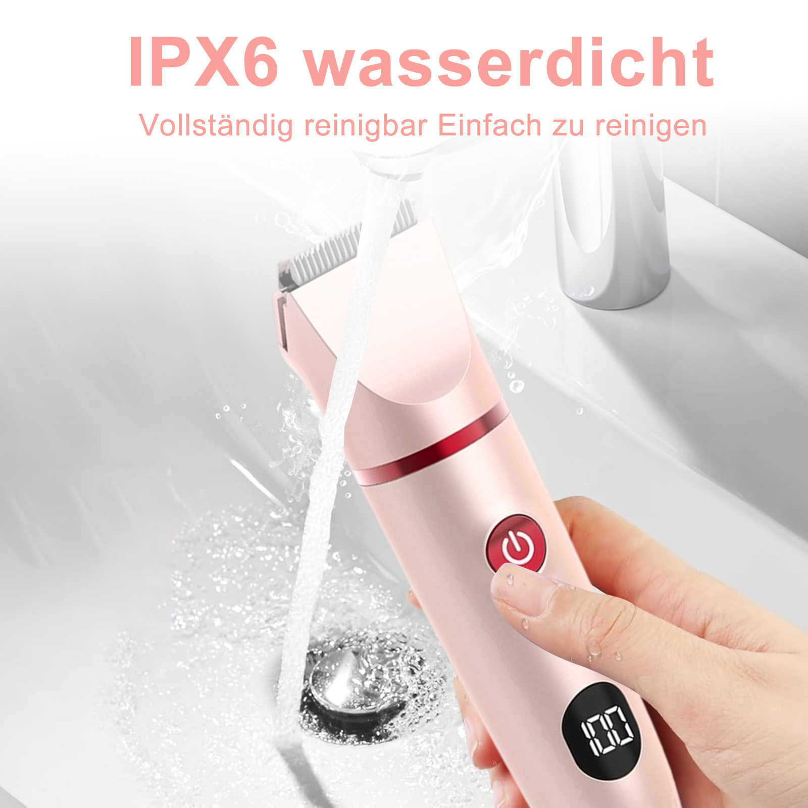 Ein rosa wasserdichter Rasierer, der in einem Waschbecken mit Wasser abgespült wird. Eine Hand hält den Rasierer.