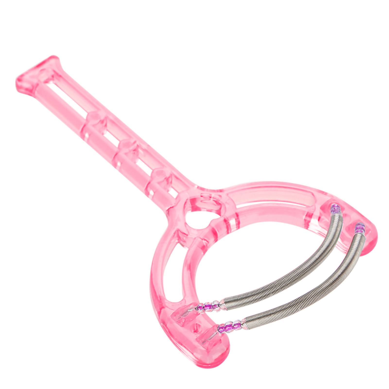 Ein rosa Gesichtshaarentfernungswerkzeug. Es hat einen Griff und zwei Metallfedern mit kleinen lila Perlen.
