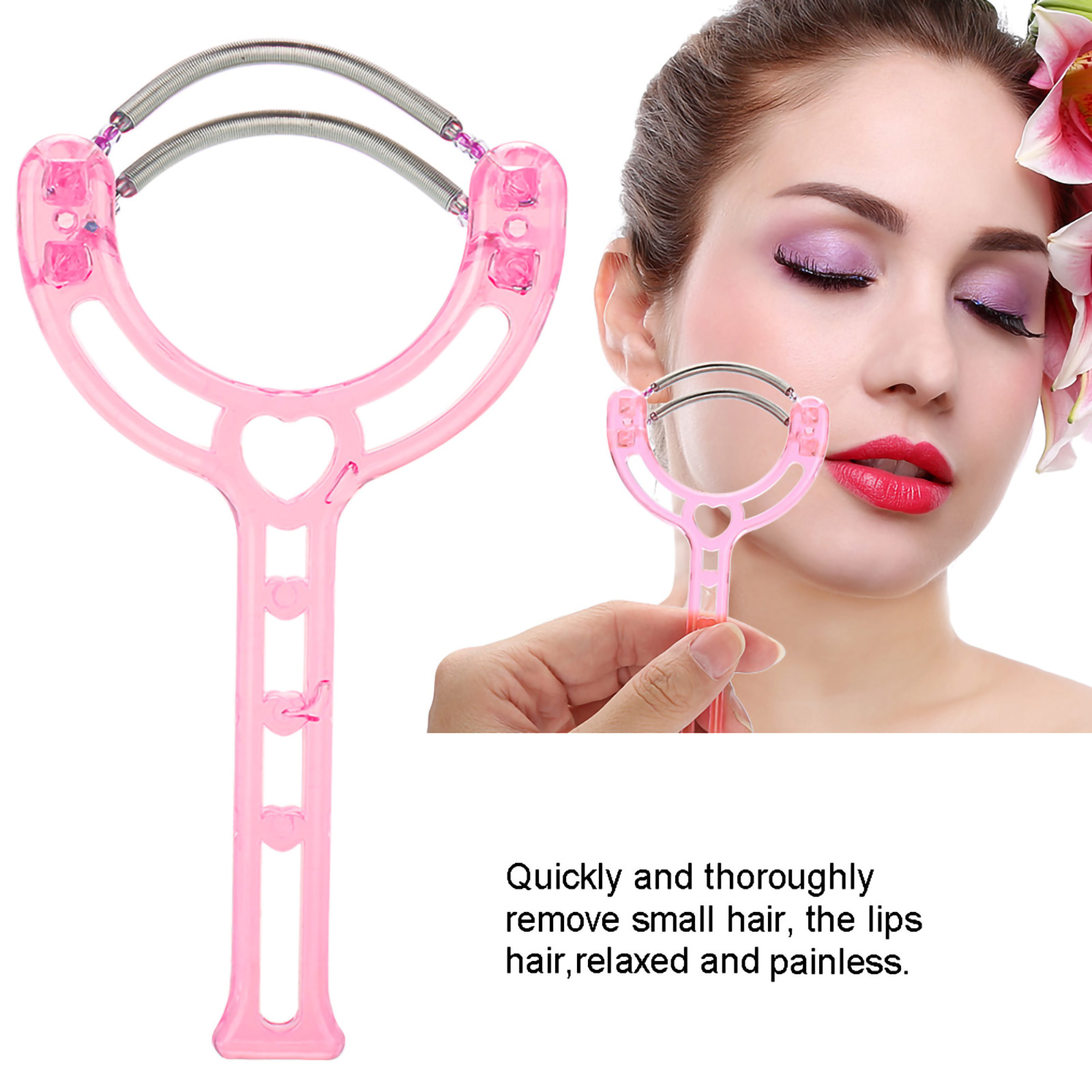 Ein rosa Gesichtshaarentferner wird in der Nähe des Gesichts einer Frau gehalten. Blumen sind im Hintergrund.
