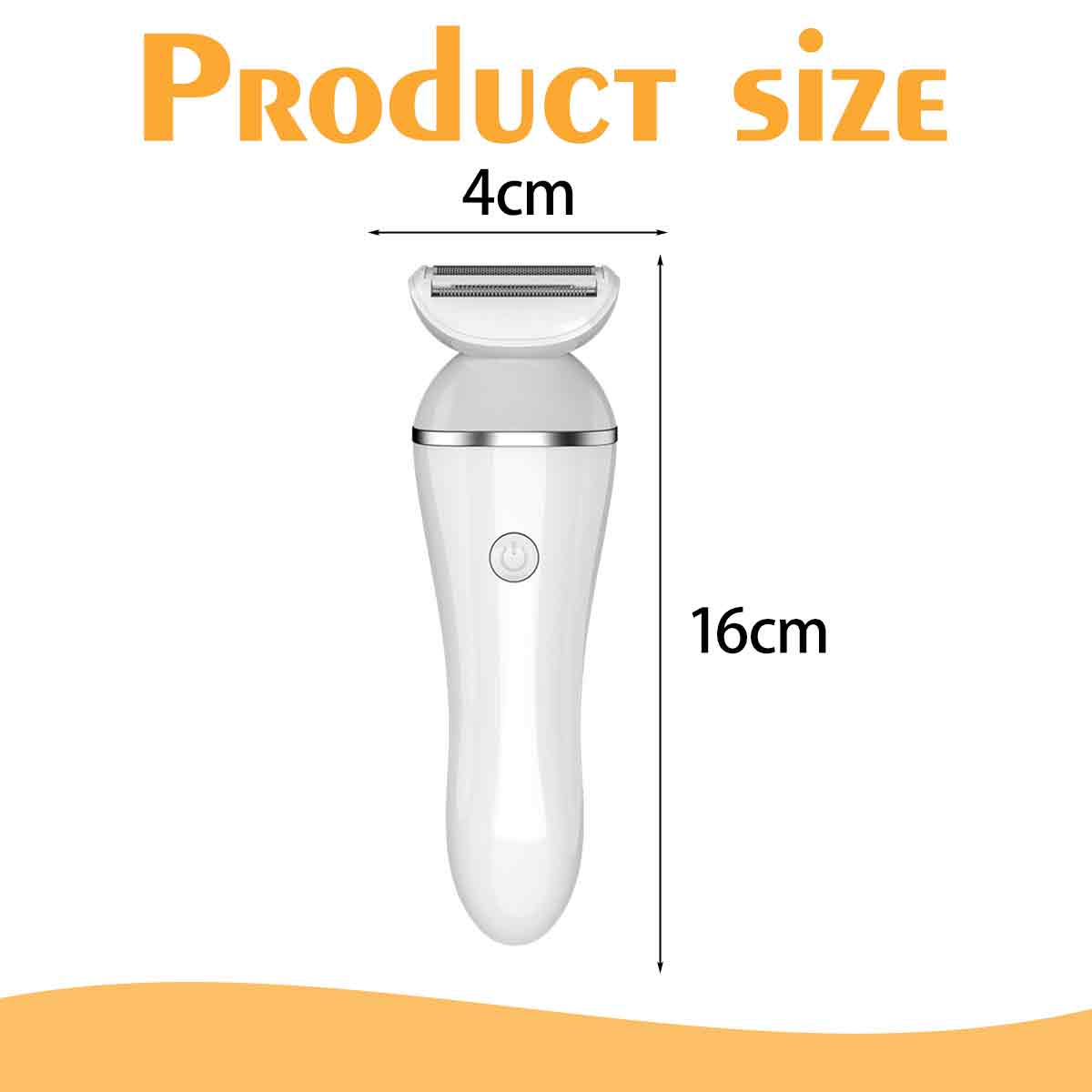 Ein weißer Elektrorasierer mit den Maßen: 4 cm Breite, 16 cm Höhe. Text: Produktgröße. Schwarzer Pfeil zeigt die Länge.