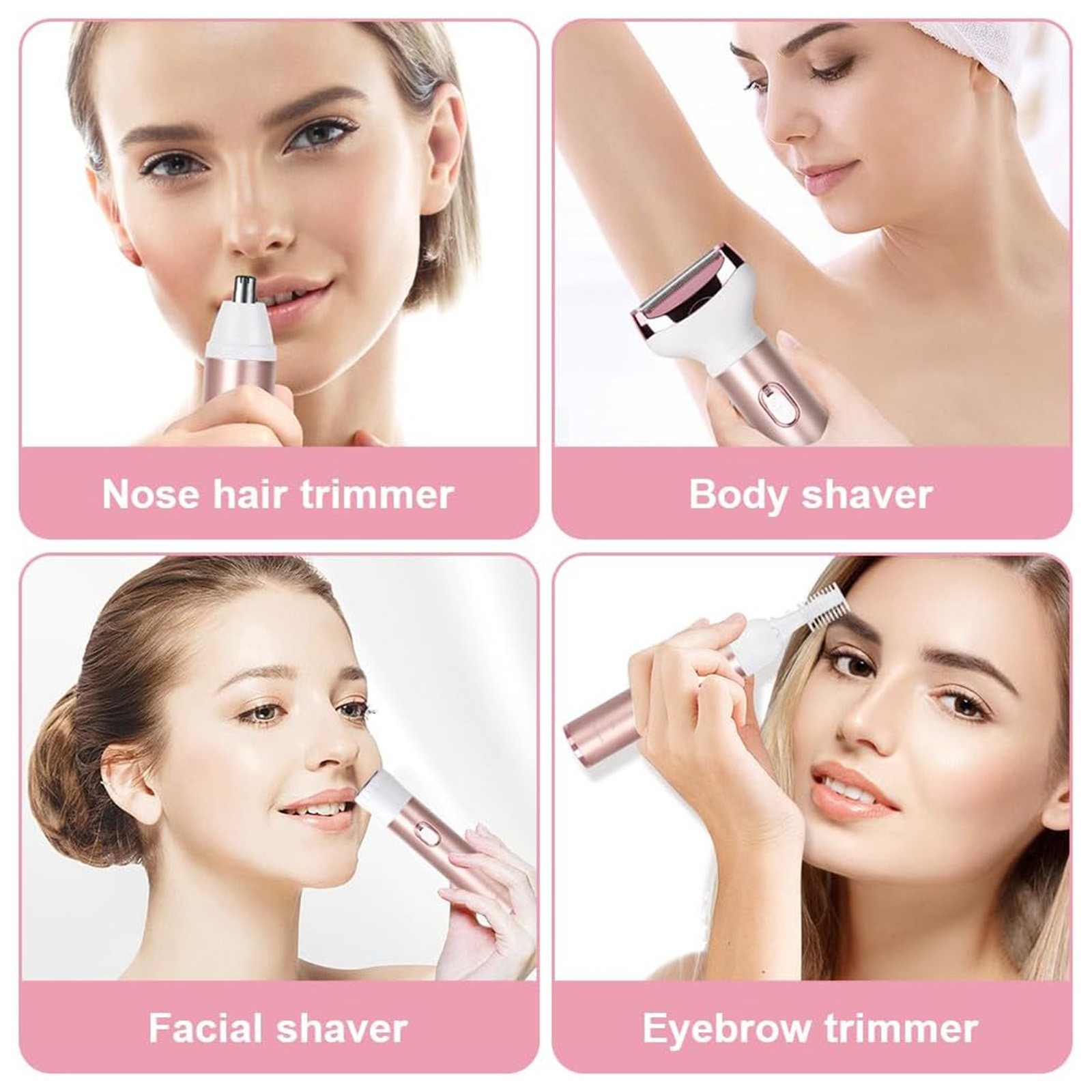 Das Bild zeigt vier Beauty-Tools: Nasenhaartrimmer, Körperschneider, Gesichtshaarschneider und Augenbrauentrimmer. Jedes wird an einer anderen Frau verwendet.