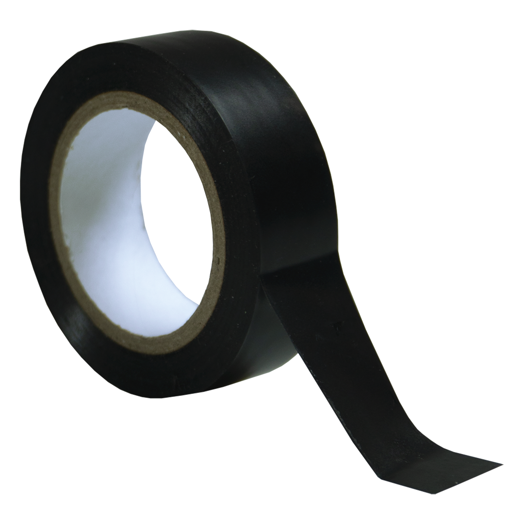 Een rol zwart isolatietape met een witte binnenkern. Een stuk tape is gedeeltelijk afgerold.