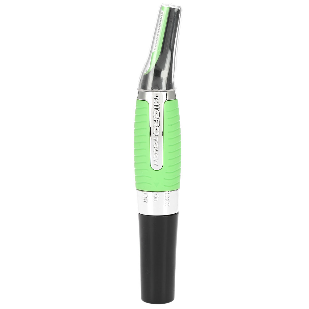 Ein grüner und silberner MicroTouch-Trimmer mit schwarzem Boden und transparentem Aufsatz. Der Schriftzug "MicroTouch" ist sichtbar.