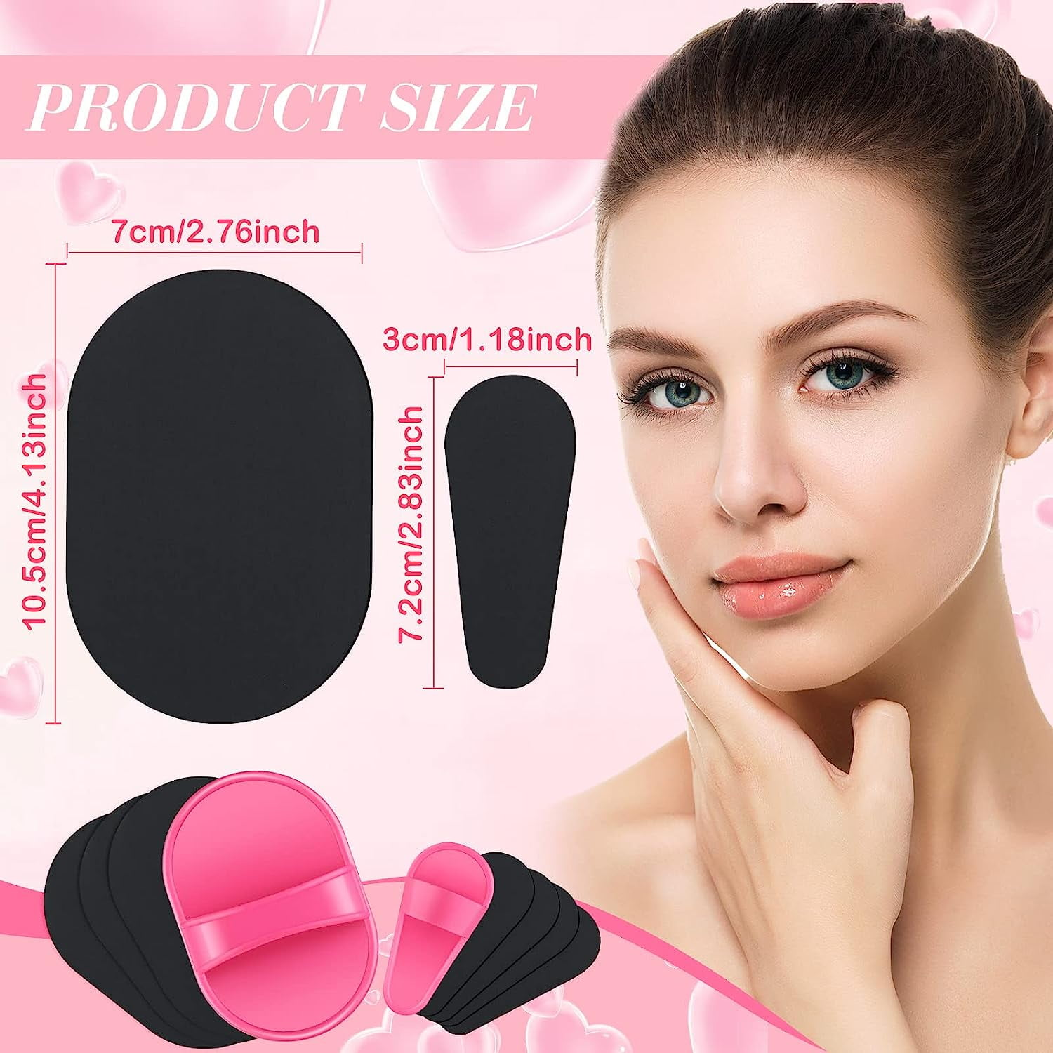 Das Gesicht einer Frau neben Schönheitsprodukten. Zu den Produkten gehören schwarze Pads, rosa Applikatoren und Größenangaben.