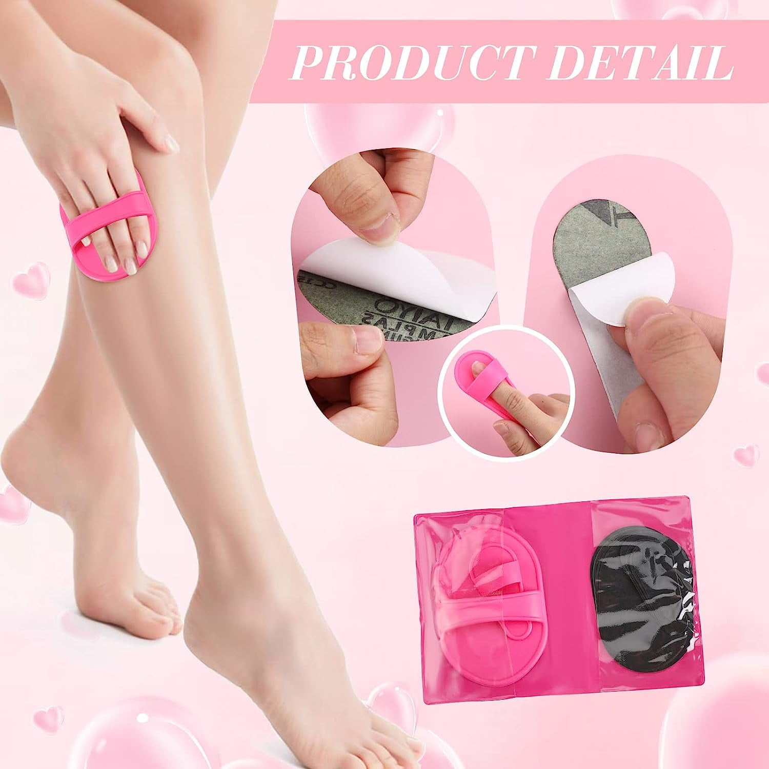 Eine Person verwendet ein rosa Peeling-Pad an ihrem Bein. Detailbilder zeigen das Pad und seine Verpackung.
