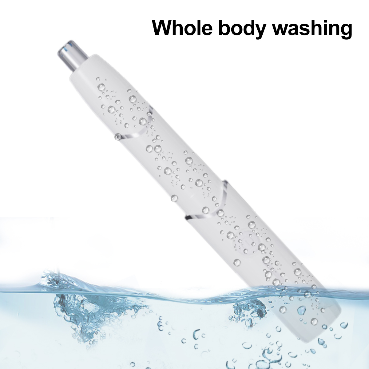 Ein weißer Trimmer ist teilweise in Wasser getaucht. Blasen umgeben ihn. Der Text "Ganzkörperwäsche" steht über dem Trimmer.