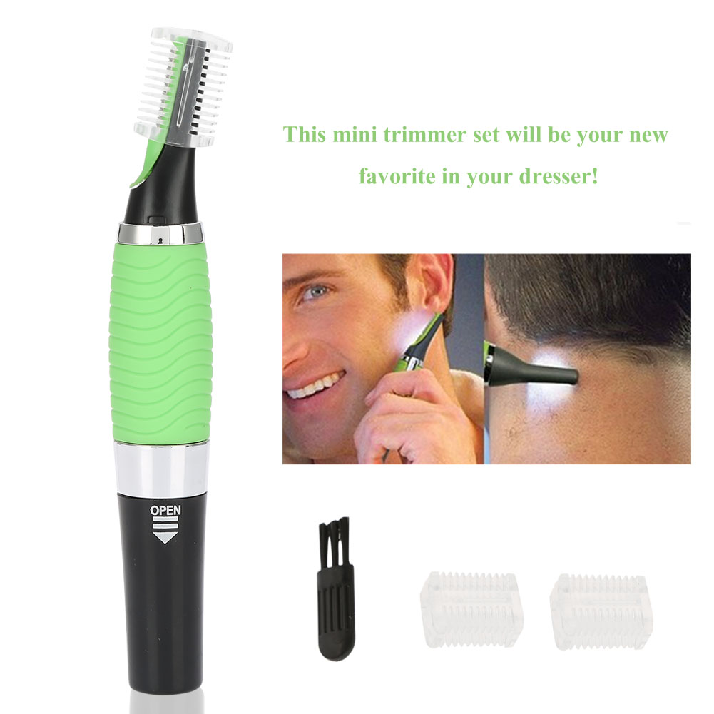 Ein grüner und schwarzer Mini-Trimmer mit zwei zusätzlichen Köpfen, Bürste und Bildern des Trimmers bei der Verwendung im Gesicht und am Hals eines Mannes.