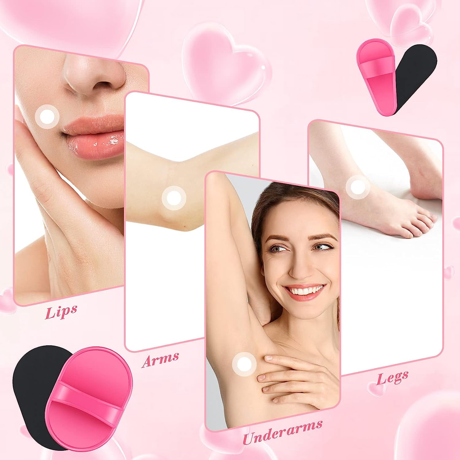 Collage von Körperteilen. Lippen, Arme, Achseln und Beine sind abgebildet. Rosa Hintergrund mit Herzformen und Enthaarungswerkzeugen.