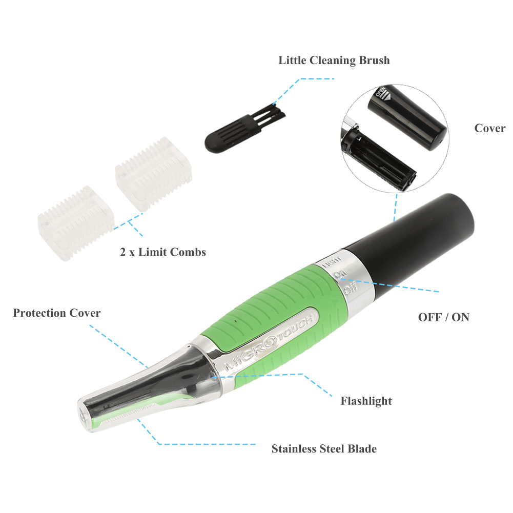 Anatomie eines Micro Touch Trimmers. Enthält Kammaufsätze, Reinigungsbürste, Abdeckung und Taschenlampe. Etiketten zeigen auf Teile und Funktionen.
