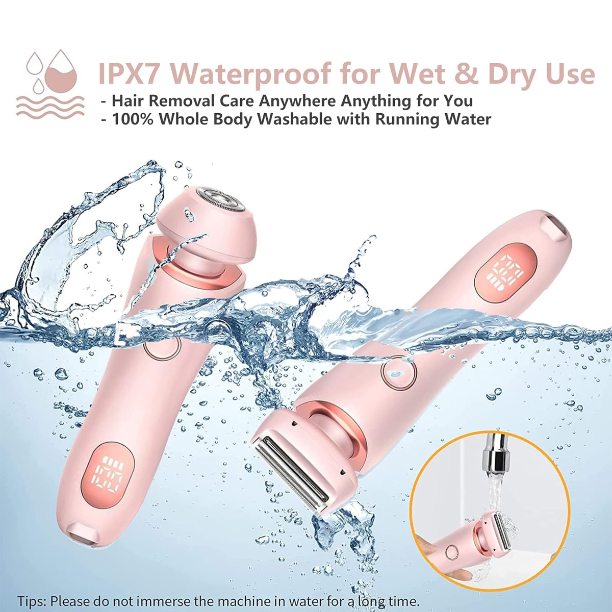Rosa Elektrorasierer im Wasser. Text: IPX7 wasserdicht. Merkmale: Haarentfernung, waschbar. Wasserspritzer. Kleines Bild eines abgespülten Rasierers.