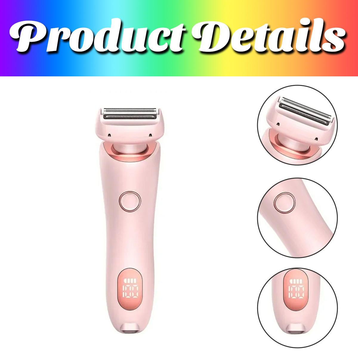 Ein pinkfarbener Elektrorasierer mit detaillierten Produktansichten. Der Text oben lautet 'Produktdetails' über einem Regenbogenhintergrund.