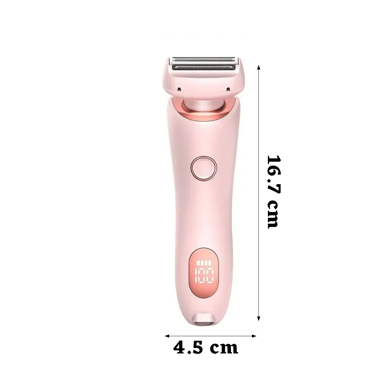 Ein rosa Elektrorasierer mit silbernem Kopf. Abmessungen 16,7 cm hoch, 4,5 cm breit. Anzeige zeigt den Batteriestand.