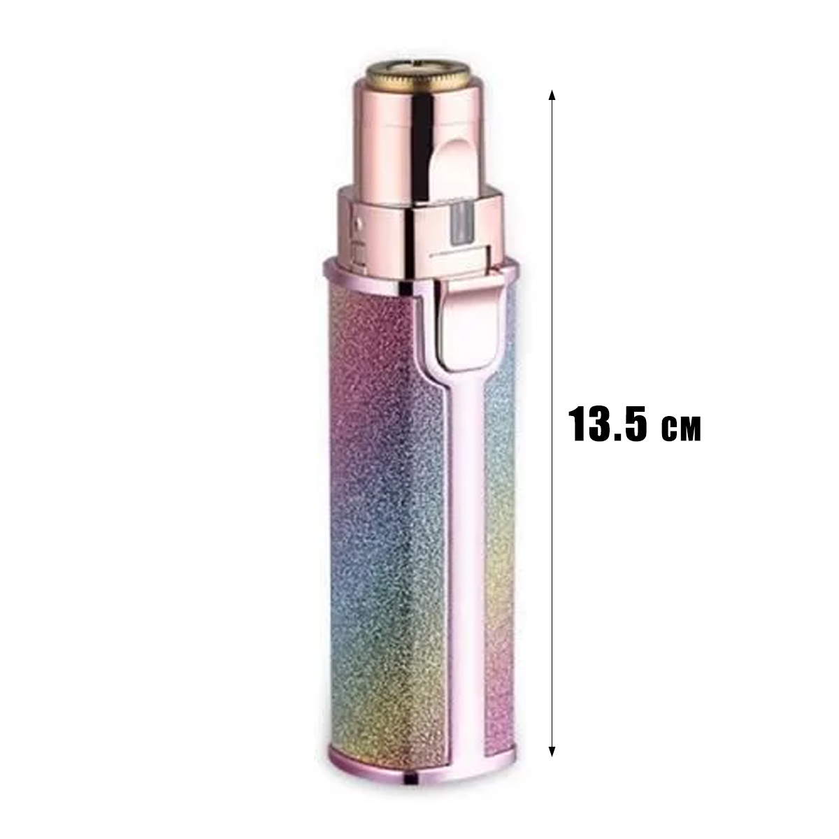 Ein glitzernder, regenbogenfarbener Trimmer mit goldenem Aufsatz, 13,5 cm hoch, vor weißem Hintergrund.