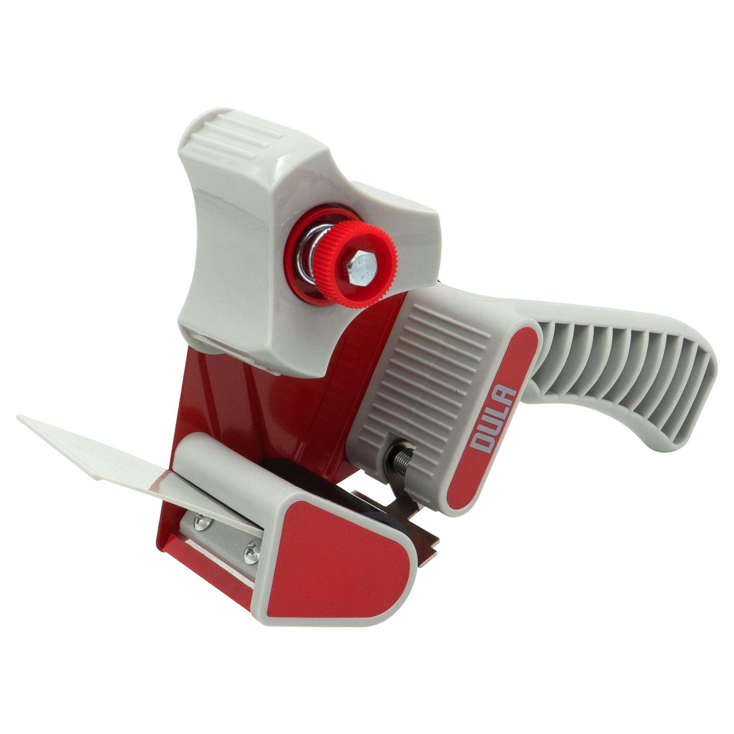 Een grijze en rode tape dispenser op een witte achtergrond. Het heeft een mes en een handvat.
