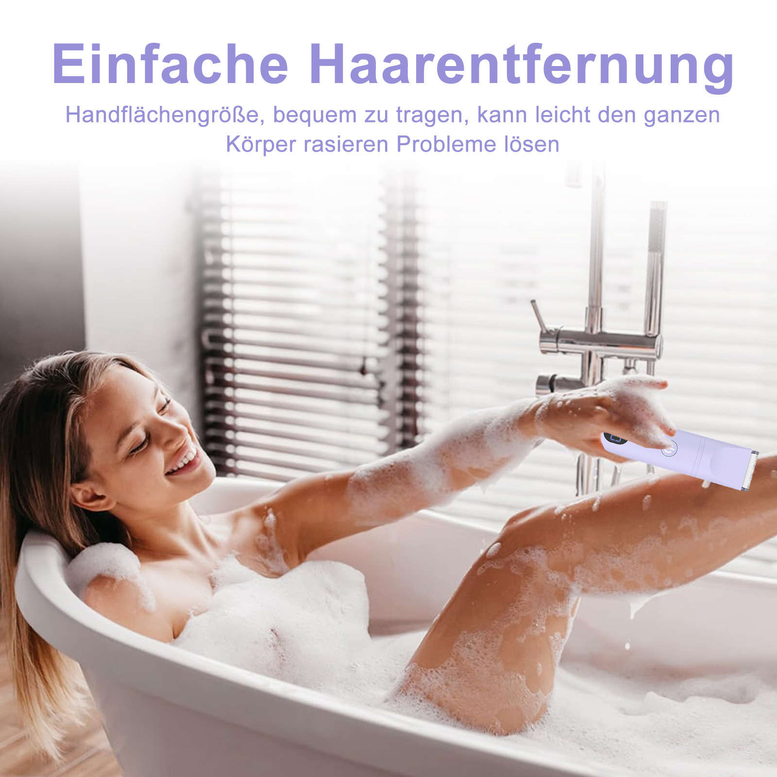 Eine Frau rasiert sich in der Badewanne mit einem Elektrorasierer die Beine. Blasen umgeben sie. Im Hintergrund ist ein Wasserhahn zu sehen.