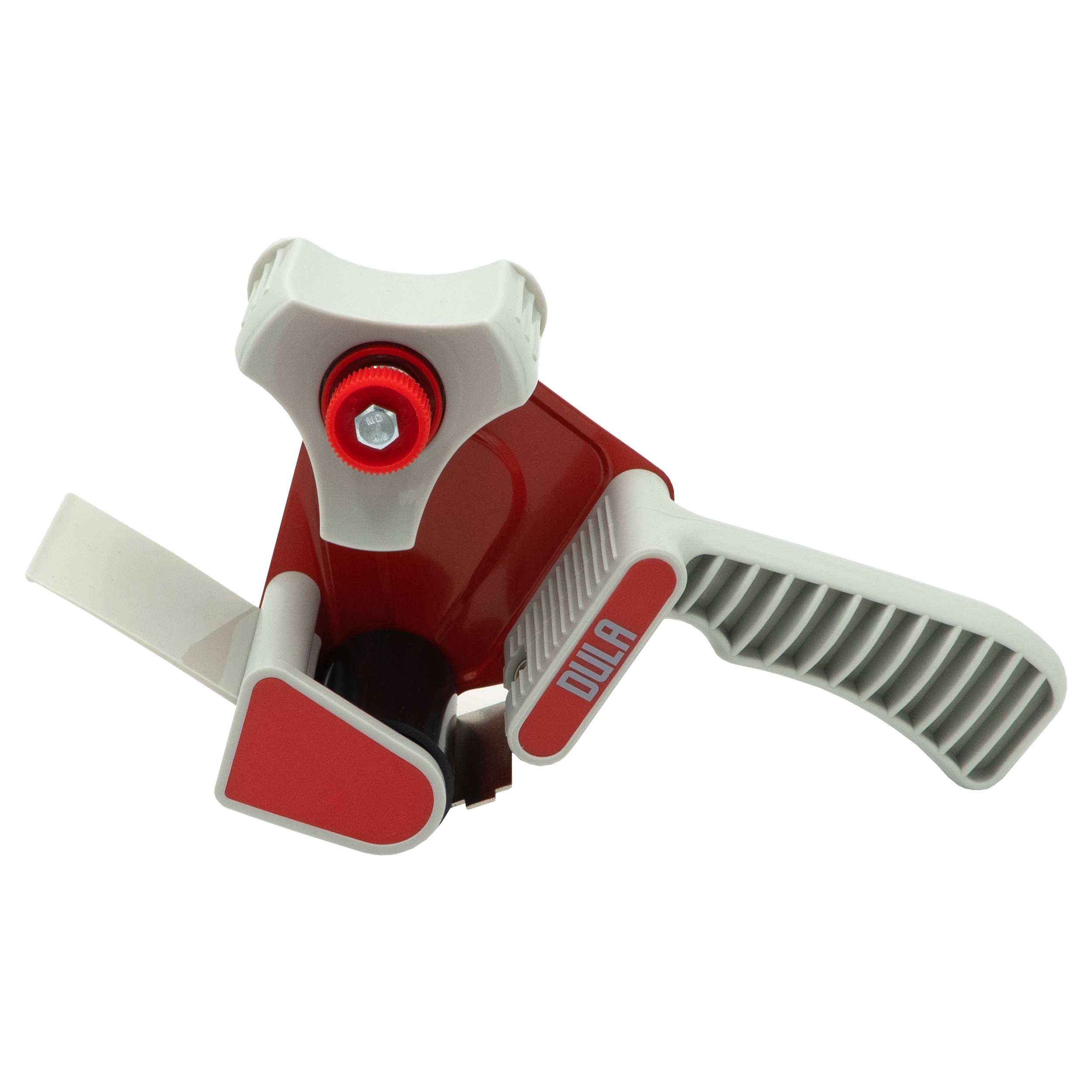 Een rode en witte tape dispenser. Het heeft een handvat en het woord DULA erop.