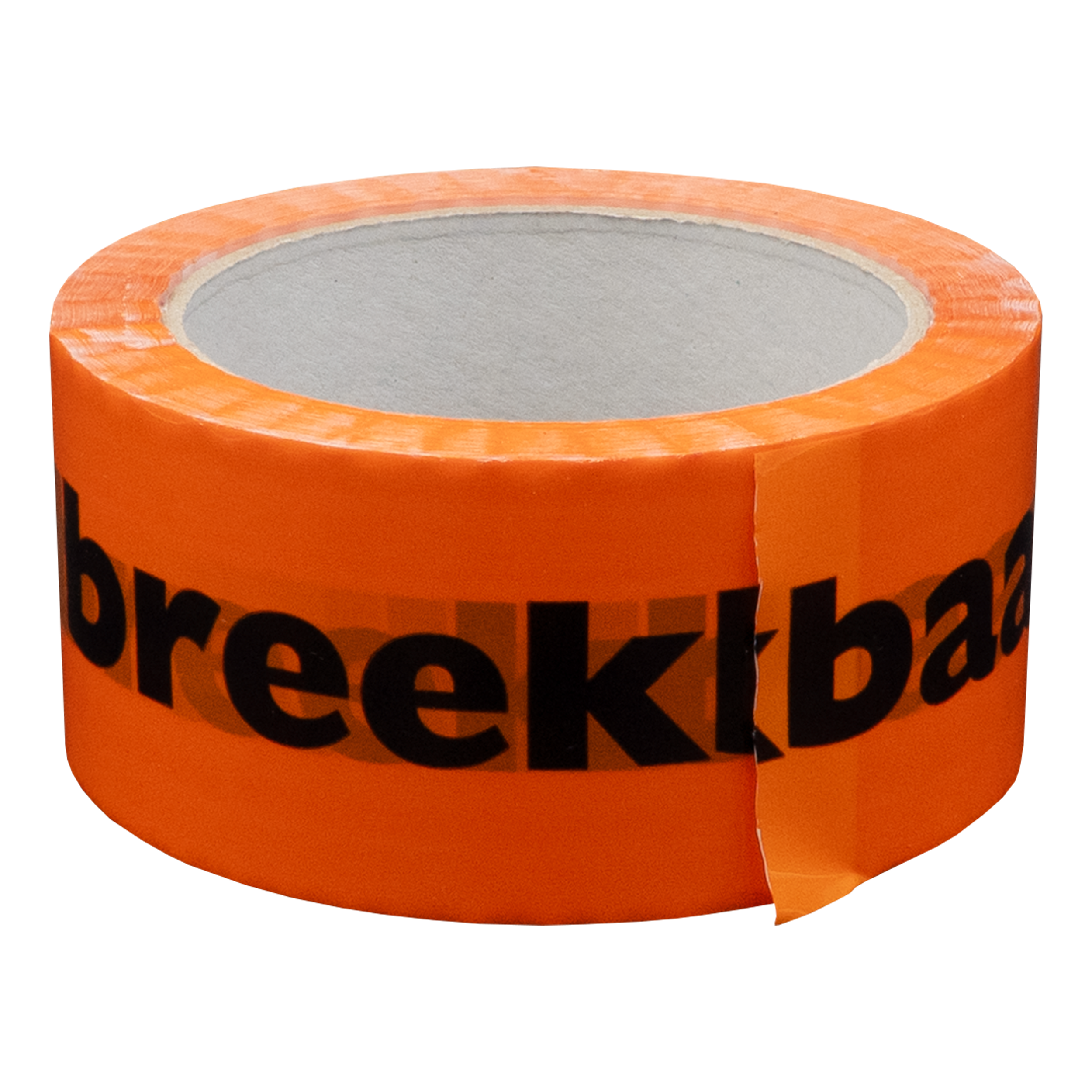 Een oranje rol tape met zwarte tekst 'breekbaar' erop. De achtergrond is wit.