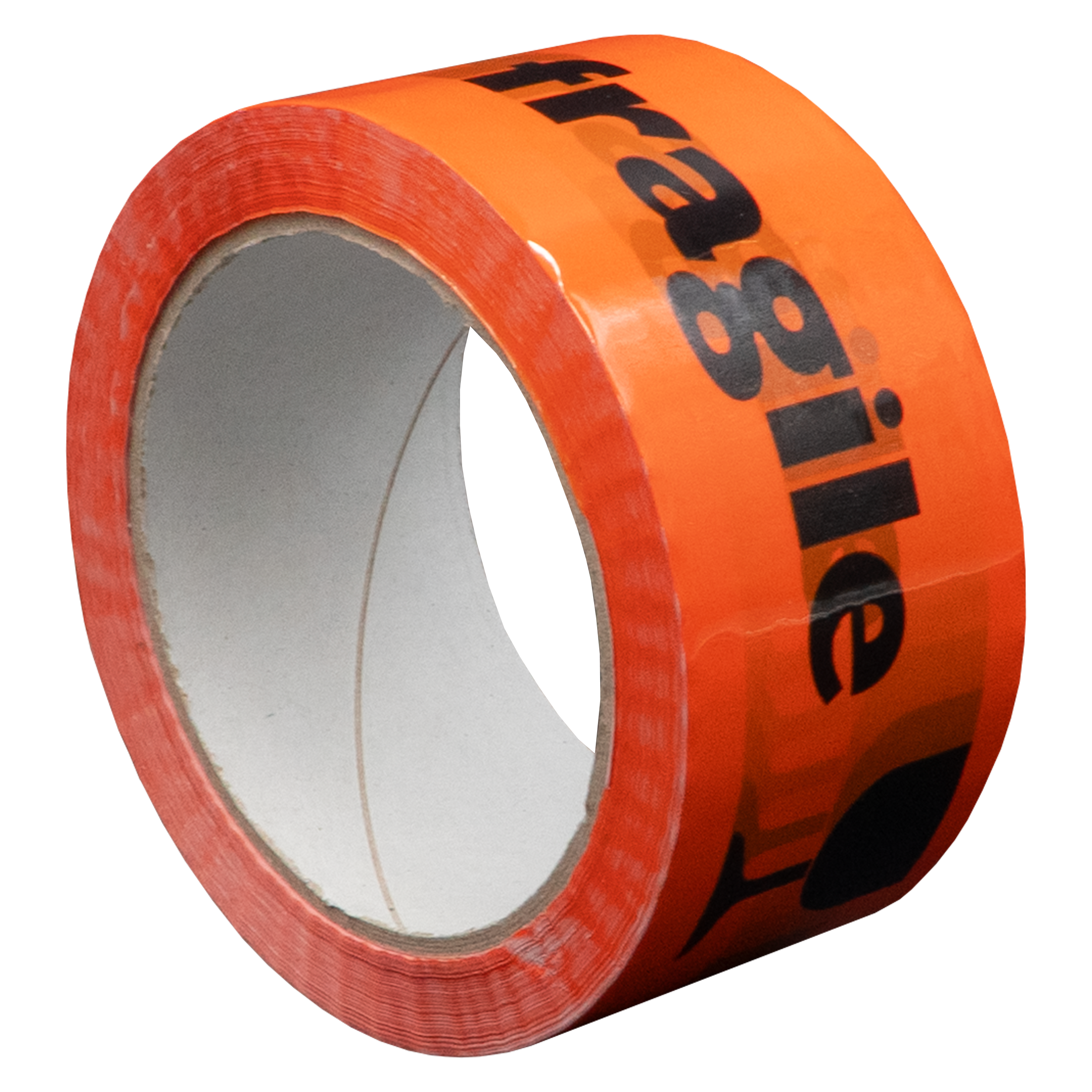 Een oranje rol tape met zwarte tekst "fragile".