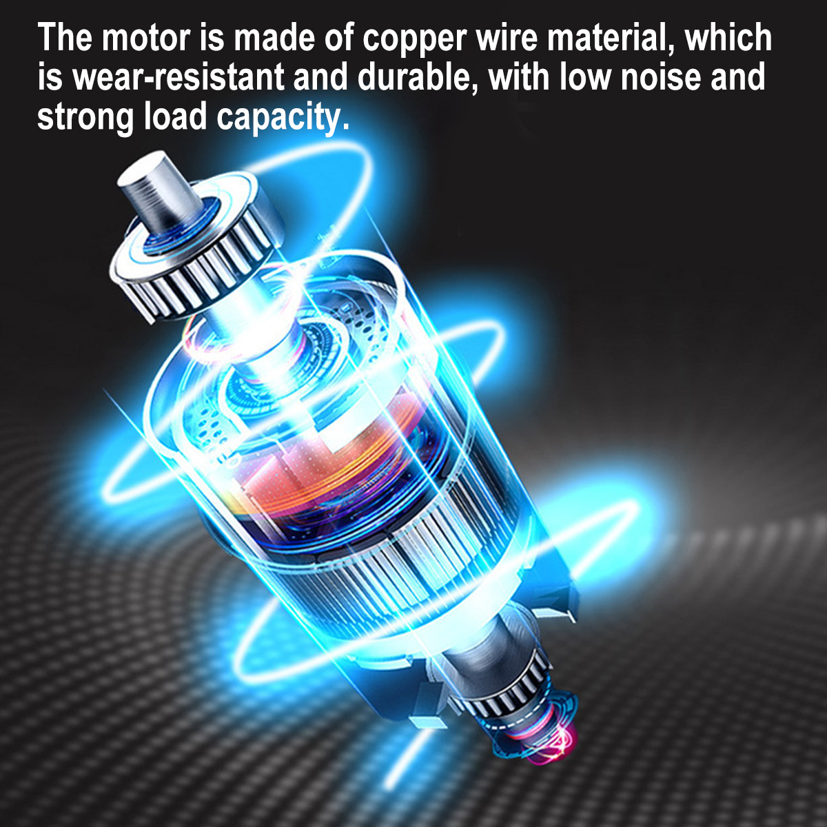 Eine detaillierte Abbildung eines Motors mit silbernem Oberteil und blauen Lichtspuren vor dunklem Hintergrund.