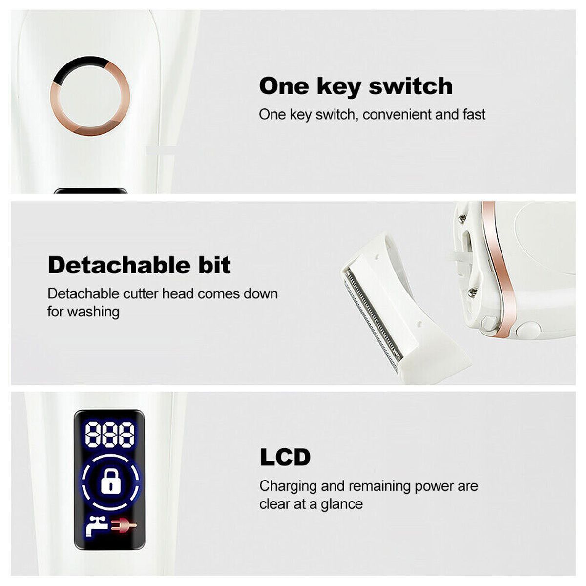 Das Bild zeigt einen elektrischen Rasierer mit abnehmbaren Teilen und einem LCD-Display mit Batterie- und Schlosssymbolen.