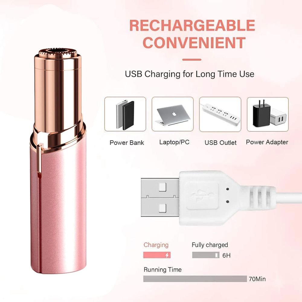 Ein roségoldener Elektrorasierer mit USB-Ladefunktion. Symbole zeigen Powerbank, Laptop, USB-Steckdose und Netzteil. Ladeanzeige.
